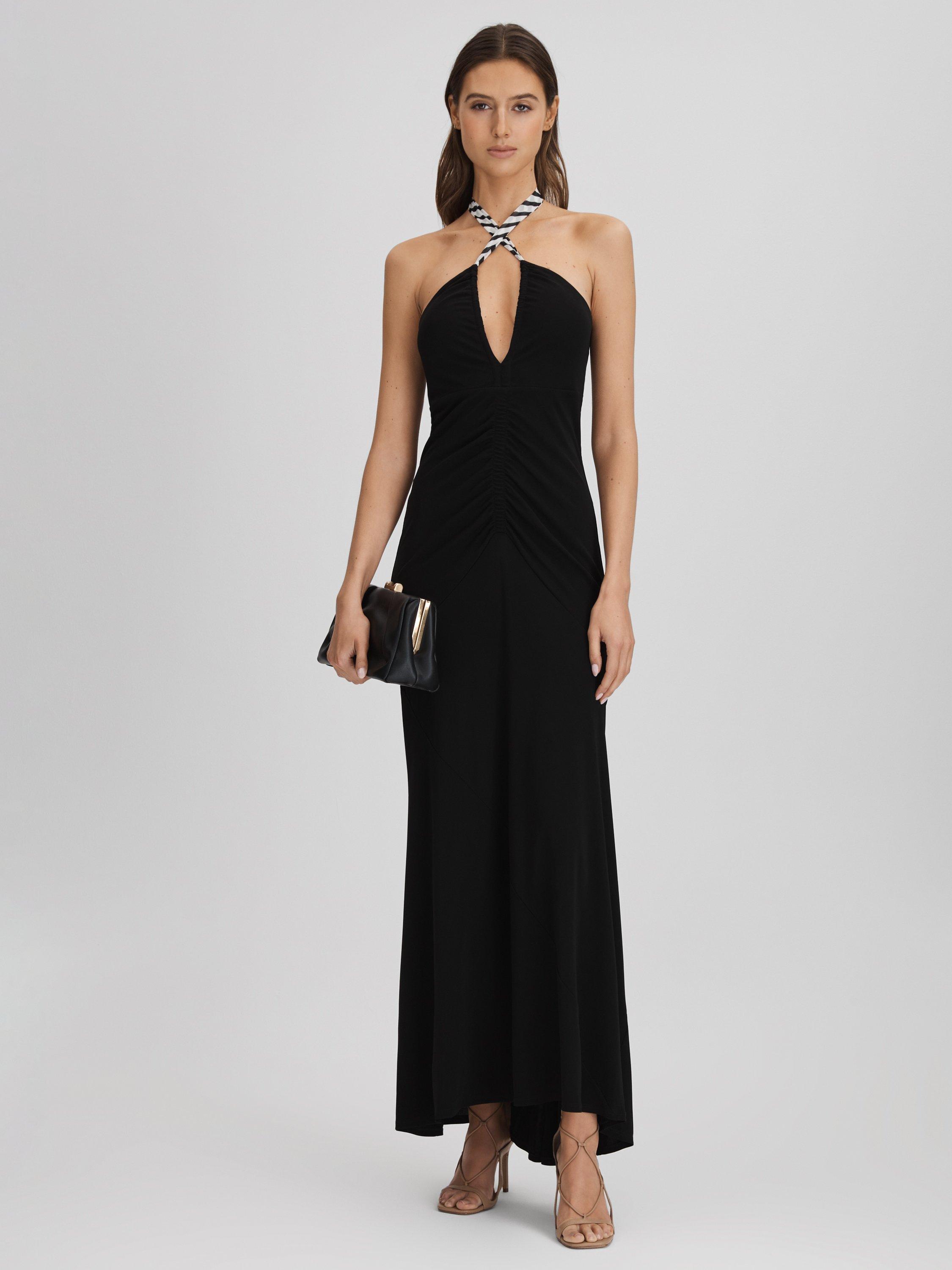 Reiss Iris Halter Plunge Neck Maxi Dress Black