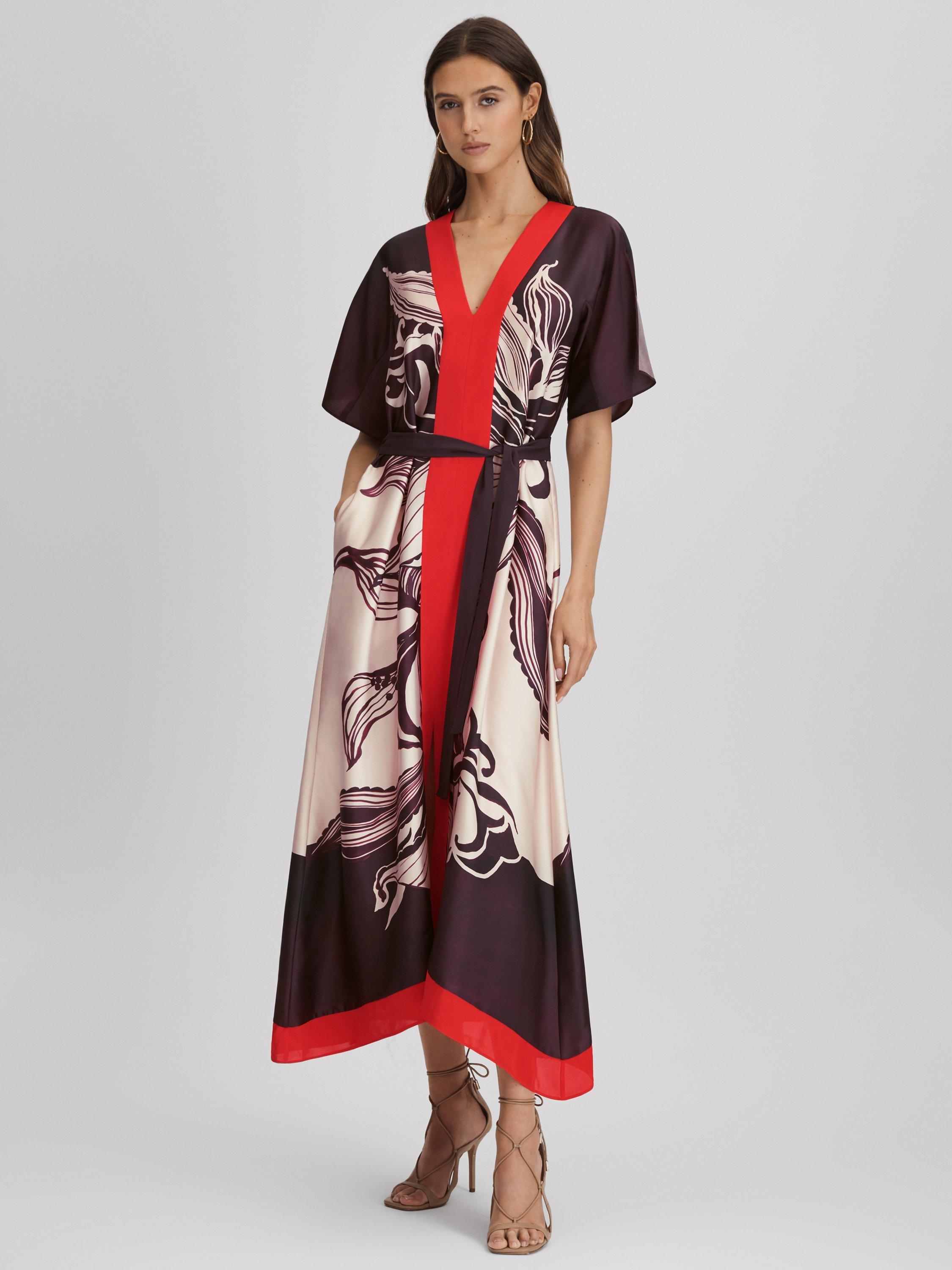 Reiss Petite Hanna Orchid Print Maxi Dress, Ivory/Burgundy