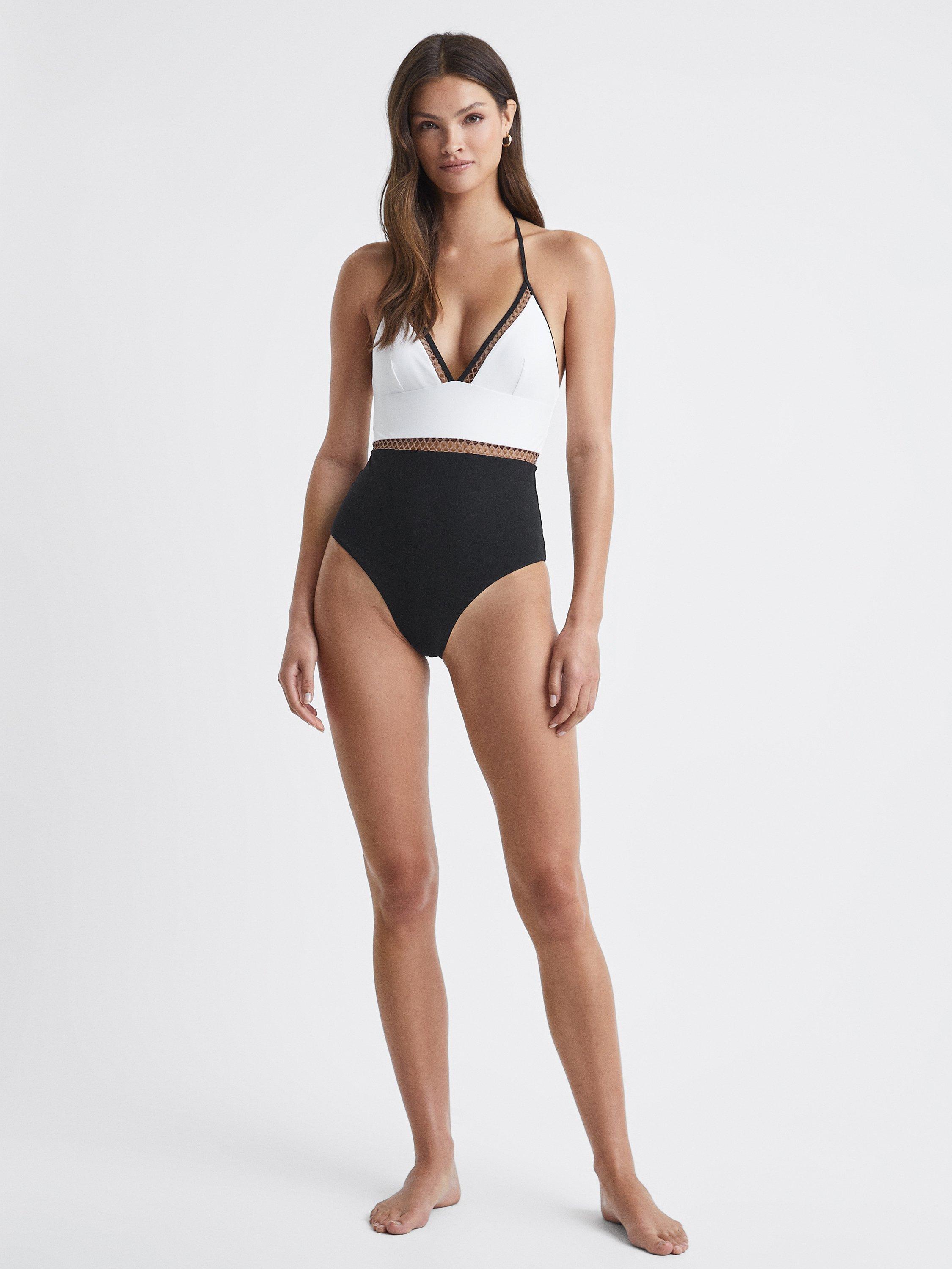 Product image 1 of 5, which shows Reiss Ray Embroidered Colour Block Swimsuit, White/Tan, 14
