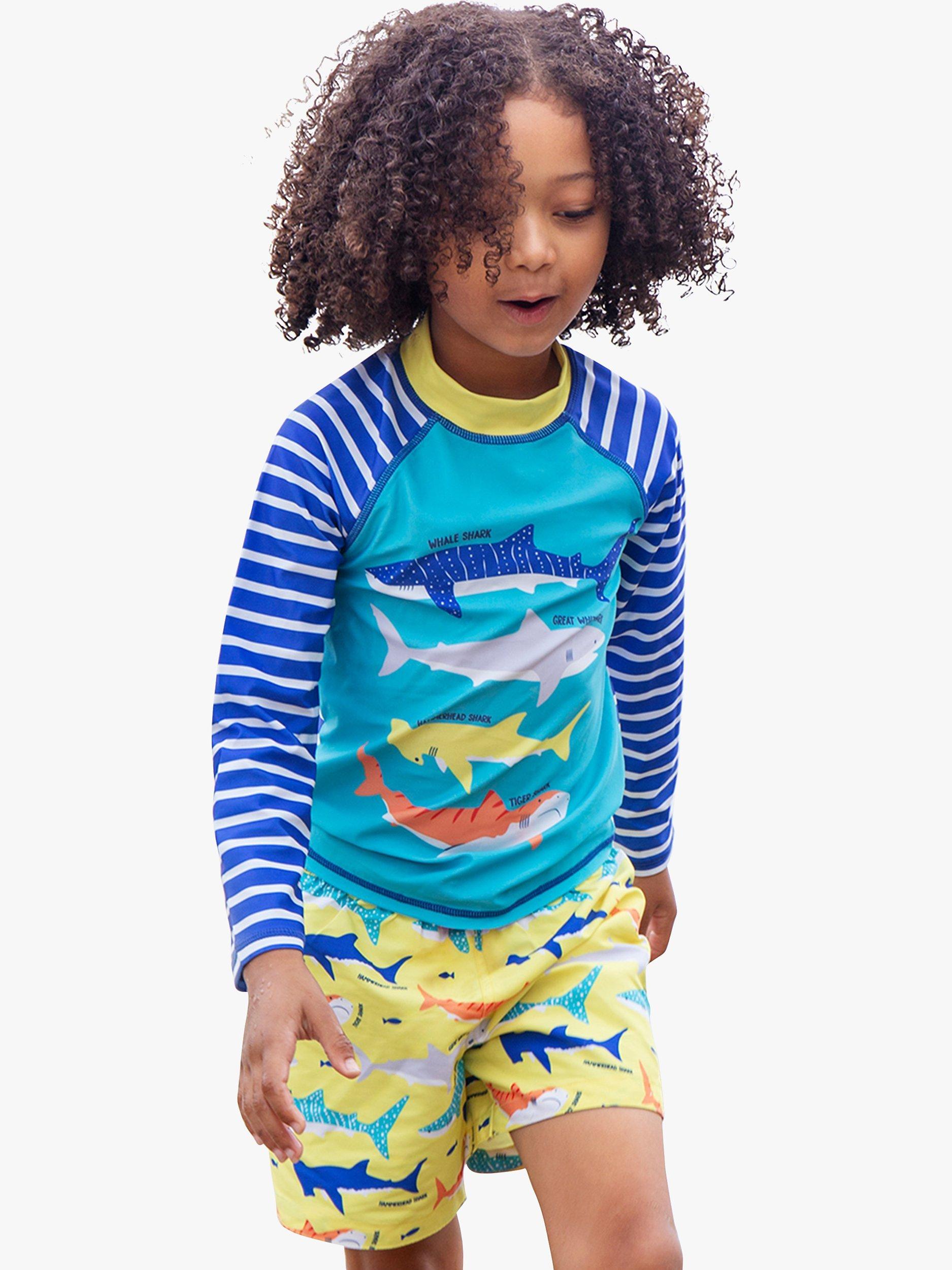 Product image 1 of 1, which shows Frugi Kids' Boscastle Shark Print Board Shorts, Banana, 3-4 years
