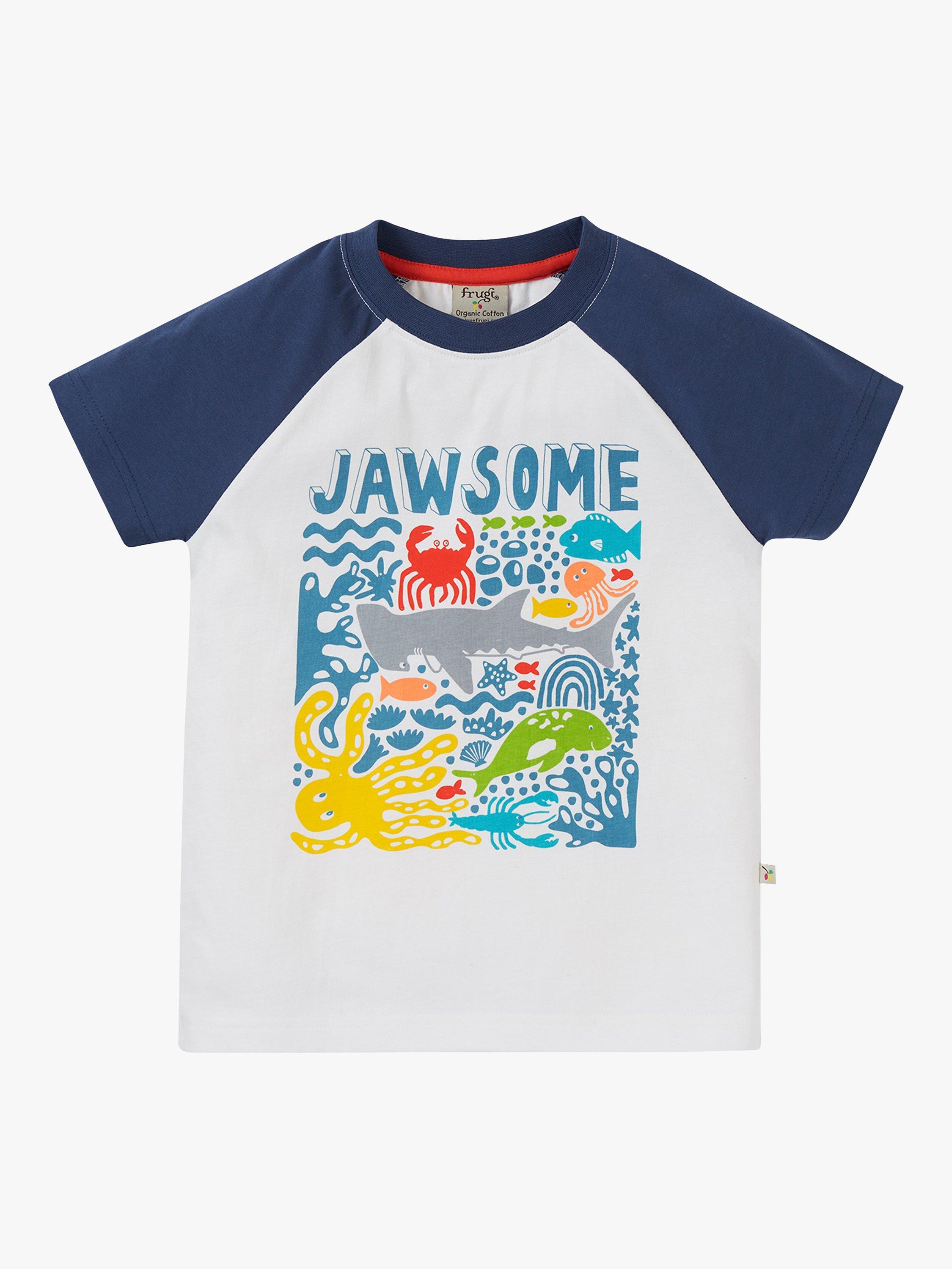 Product image 2 of 4, which shows Frugi Kids' Reid Jawsome Organic Cotton Raglan T-shirt, Soft White/Multi, 7-8 years