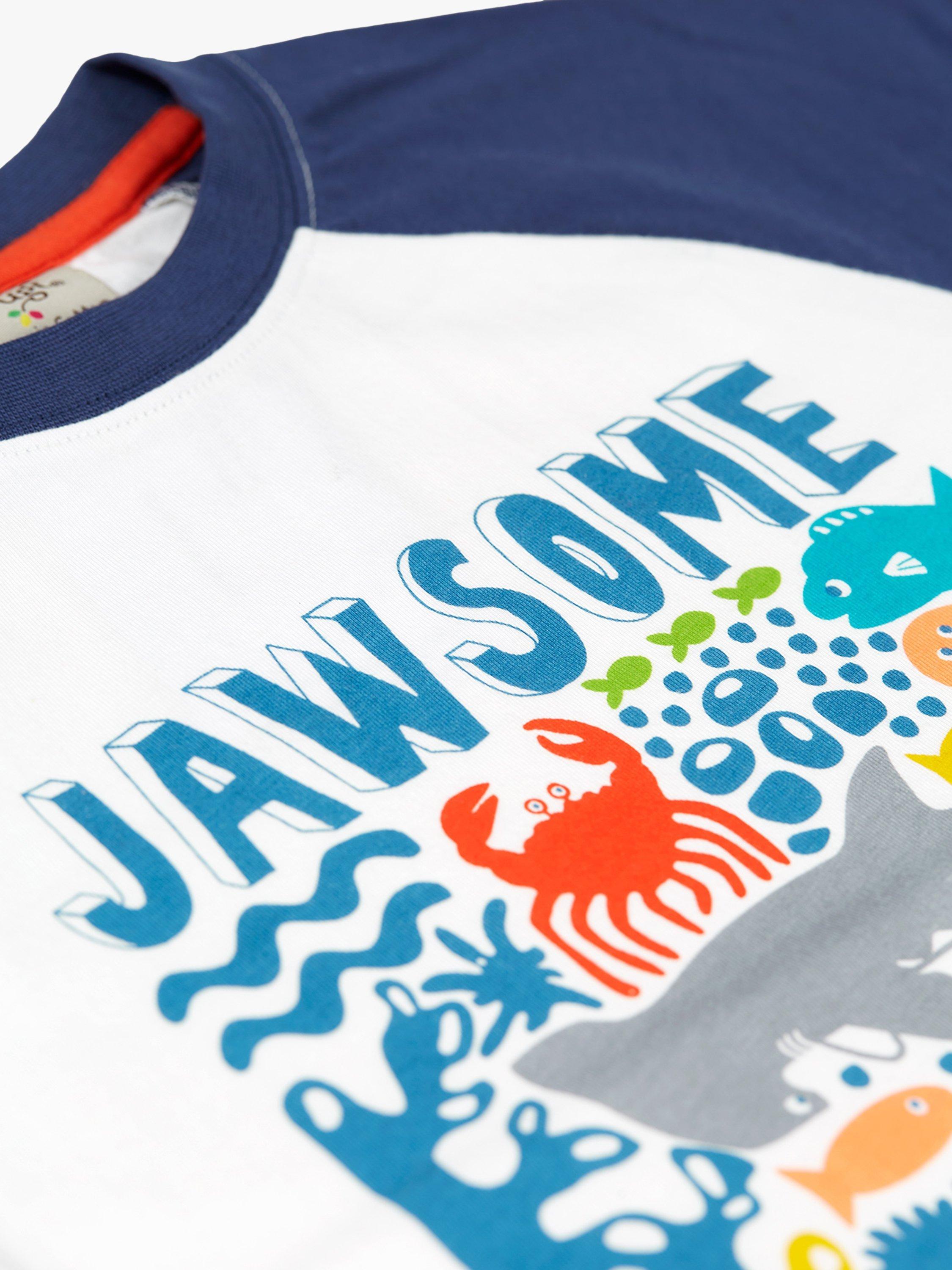 Product image 3 of 4, which shows Frugi Kids' Reid Jawsome Organic Cotton Raglan T-shirt, Soft White/Multi, 7-8 years