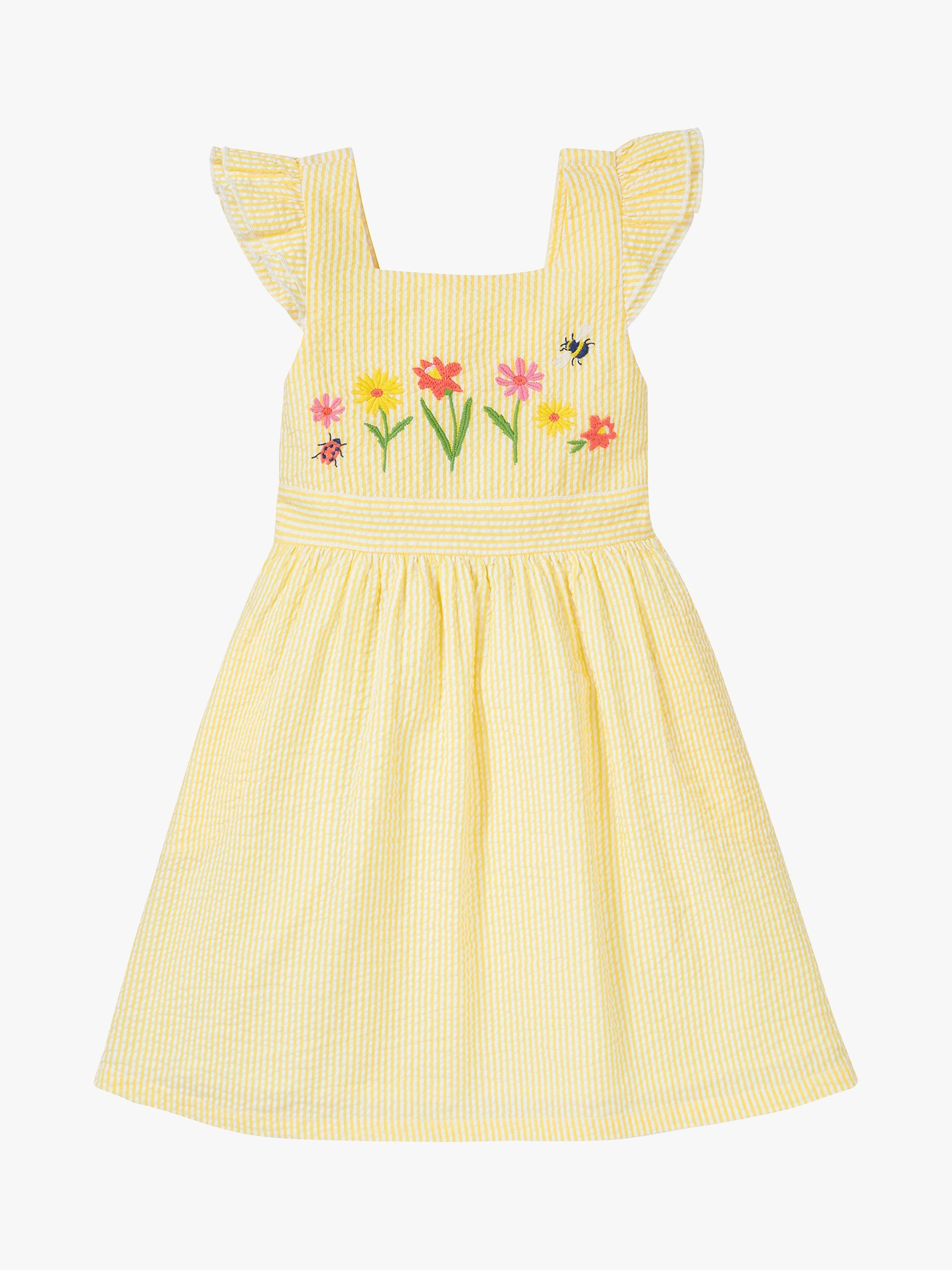 Product image 3 of 5, which shows Frugi Kids' Jasmine Organic Cotton Seersucker Floral Embroidered Dress, Dandelion, 2-3 years