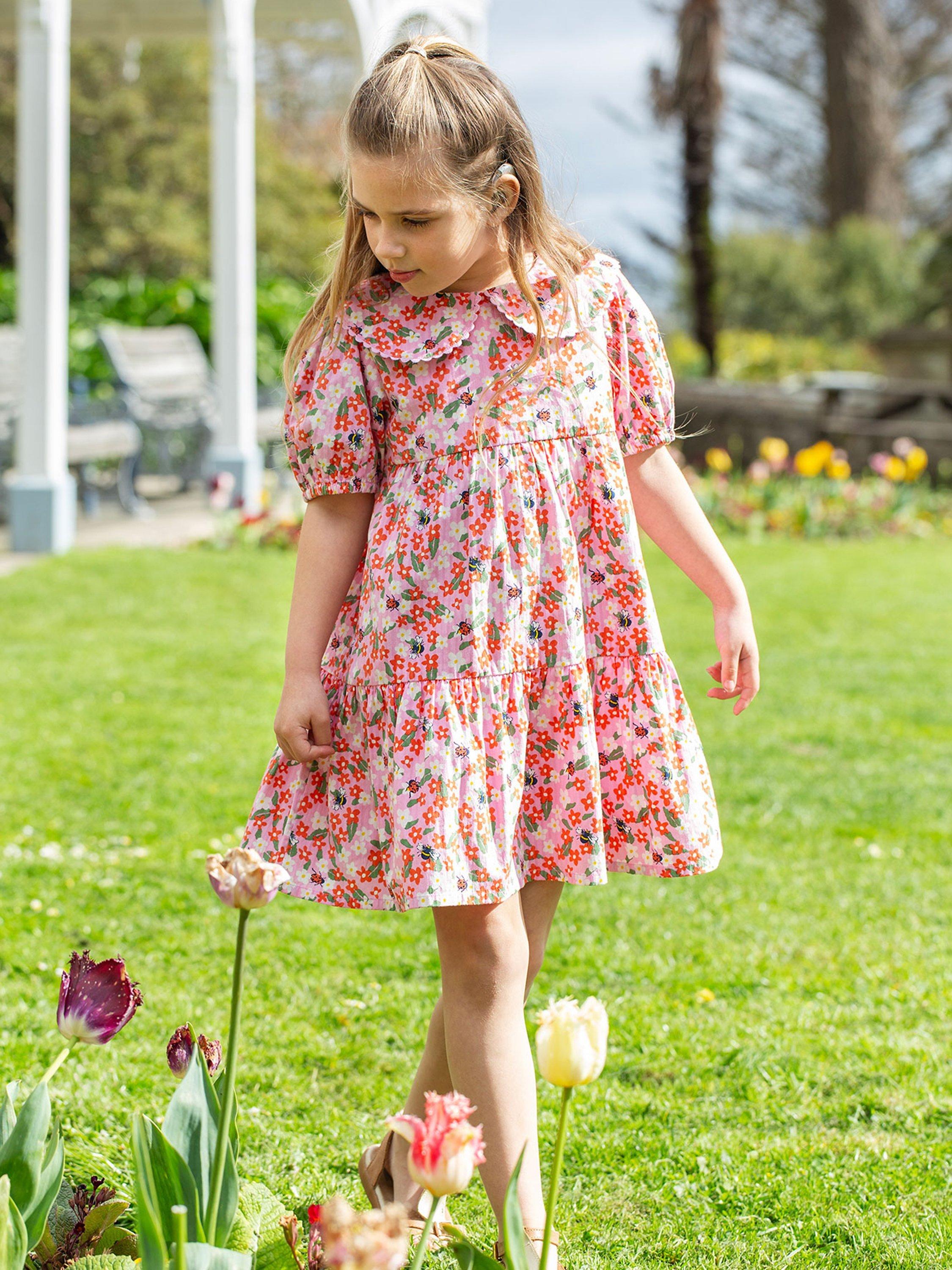 Frugi Kids Matilda Organic Cotton Floral Fun Collared Tiered Dress Pink