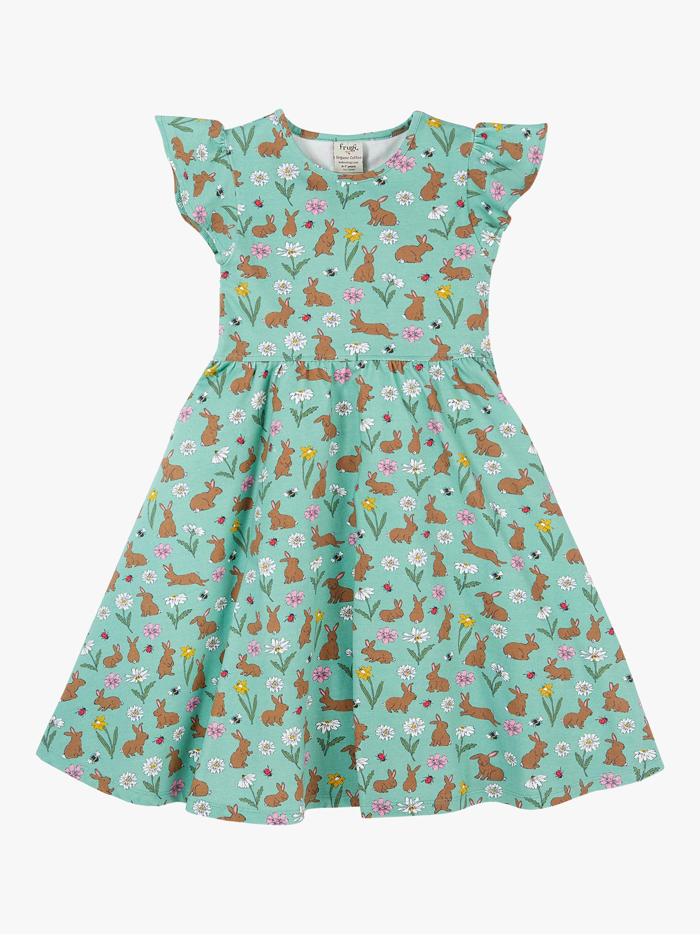 Product image 5 of 6, which shows Frugi Kids' Morwenna Organic Cotton Blend Riverine Rabbits Skater Dress, Green, 7-8 years