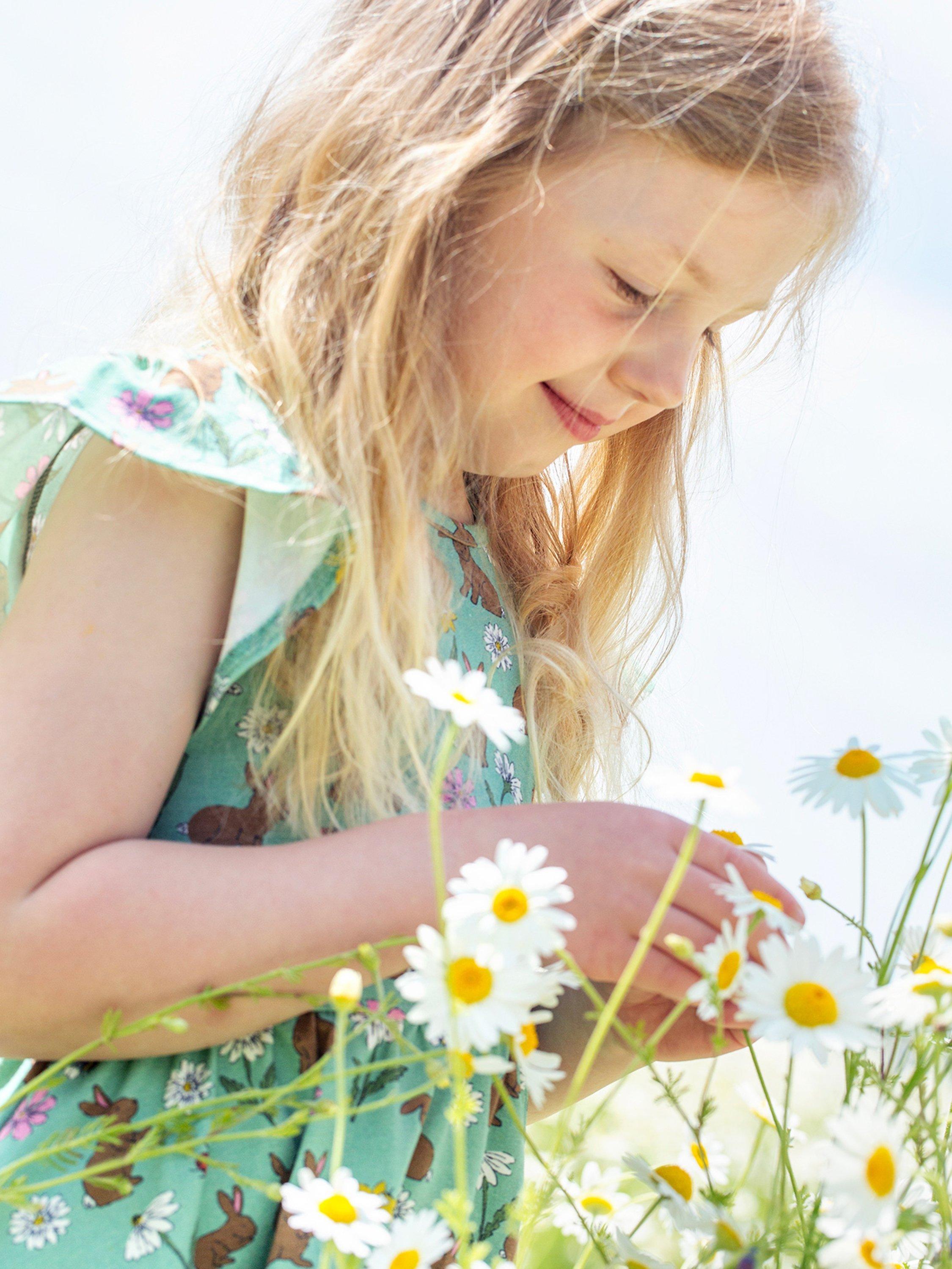 Product image 2 of 6, which shows Frugi Kids' Morwenna Organic Cotton Blend Riverine Rabbits Skater Dress, Green, 7-8 years