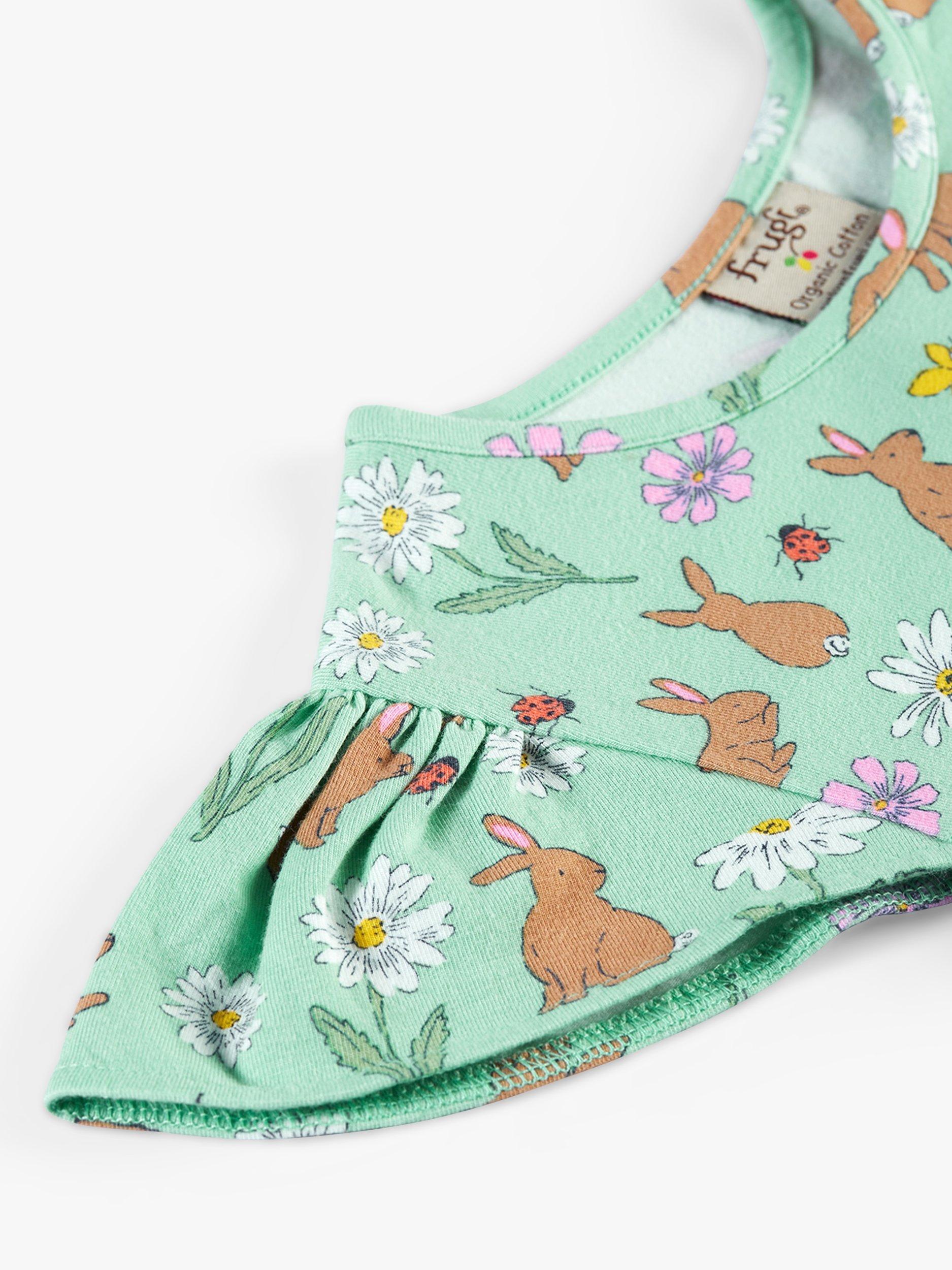 Product image 6 of 6, which shows Frugi Kids' Morwenna Organic Cotton Blend Riverine Rabbits Skater Dress, Green, 7-8 years