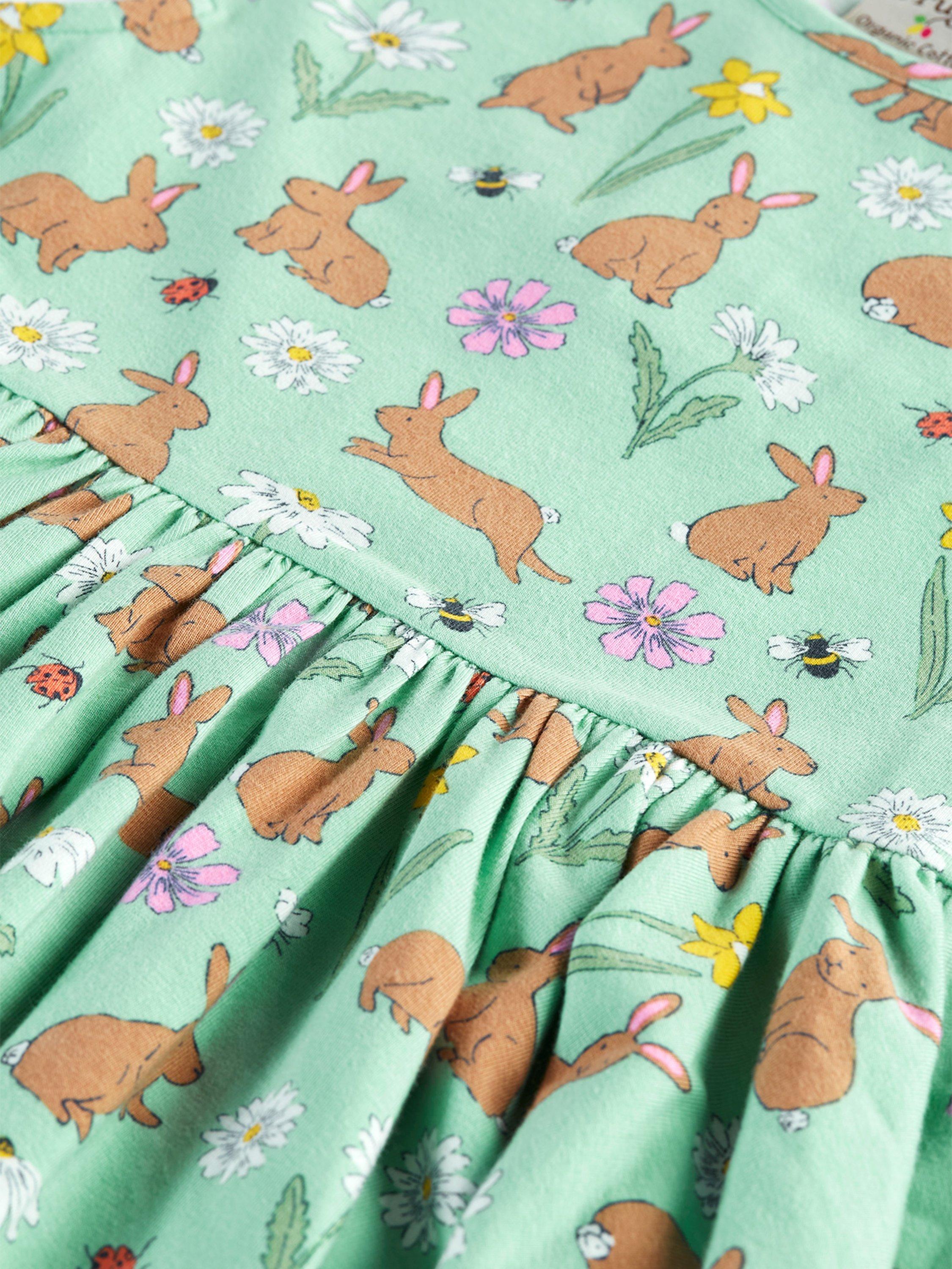 Product image 3 of 6, which shows Frugi Kids' Morwenna Organic Cotton Blend Riverine Rabbits Skater Dress, Green, 7-8 years