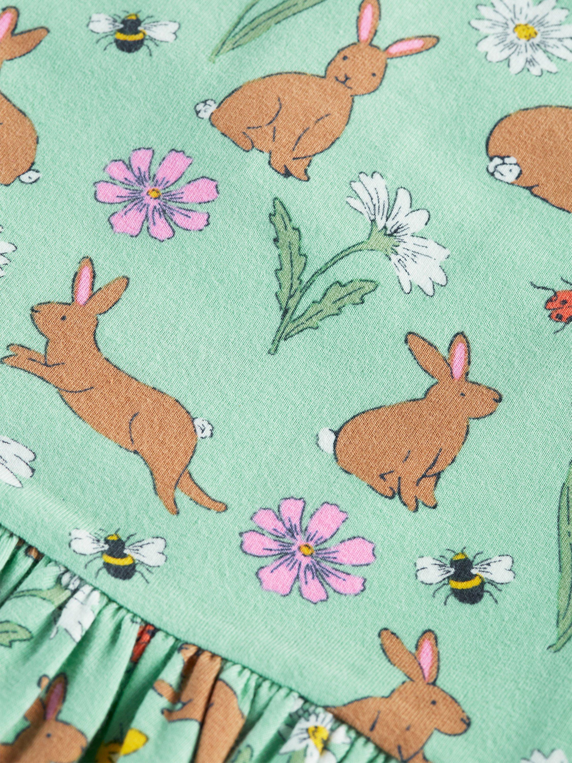 Product image 4 of 6, which shows Frugi Kids' Morwenna Organic Cotton Blend Riverine Rabbits Skater Dress, Green, 7-8 years
