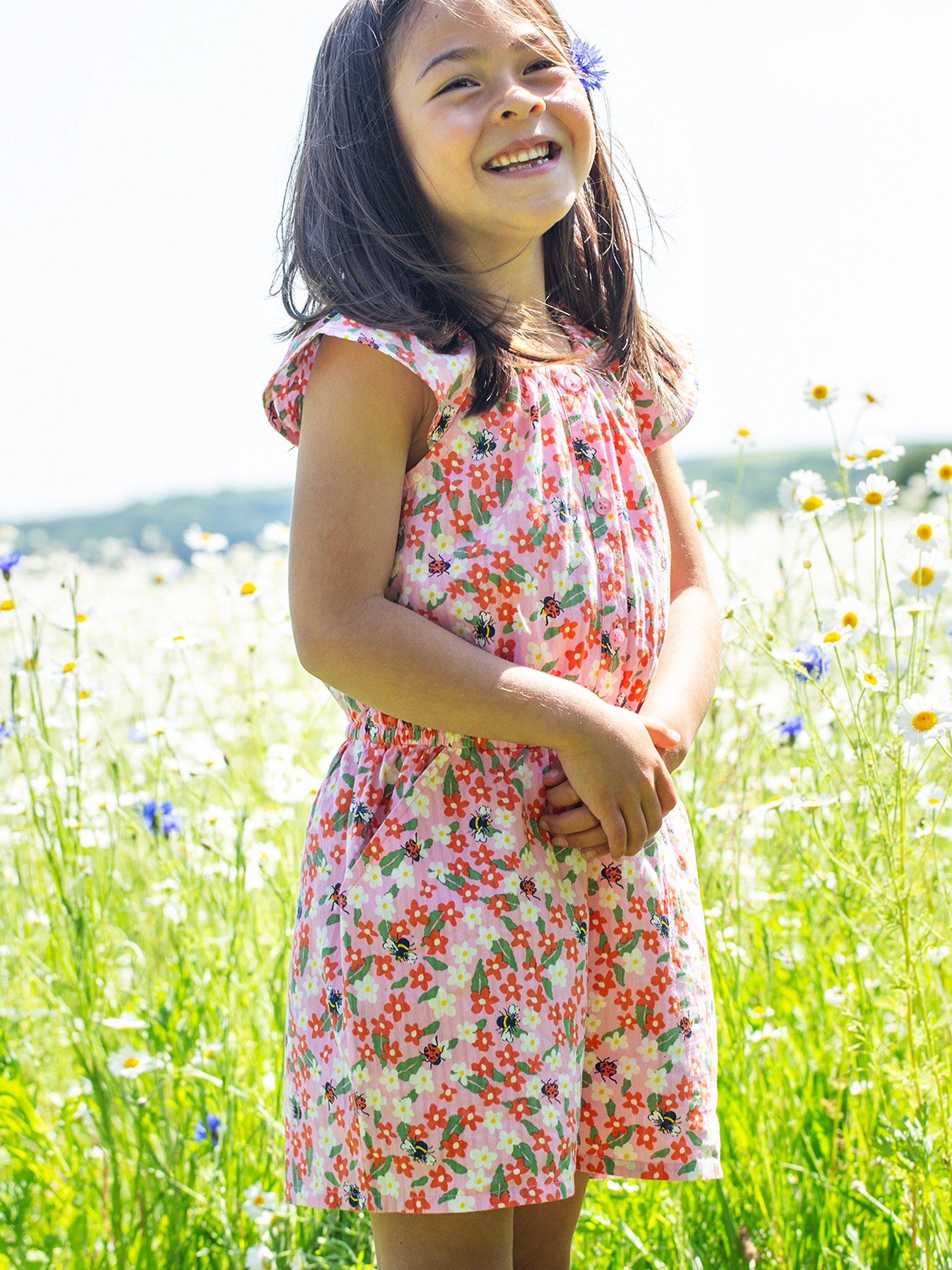 Frugi Kids' Nyla Organic Cotton Floral Fun Playsuit, Pink