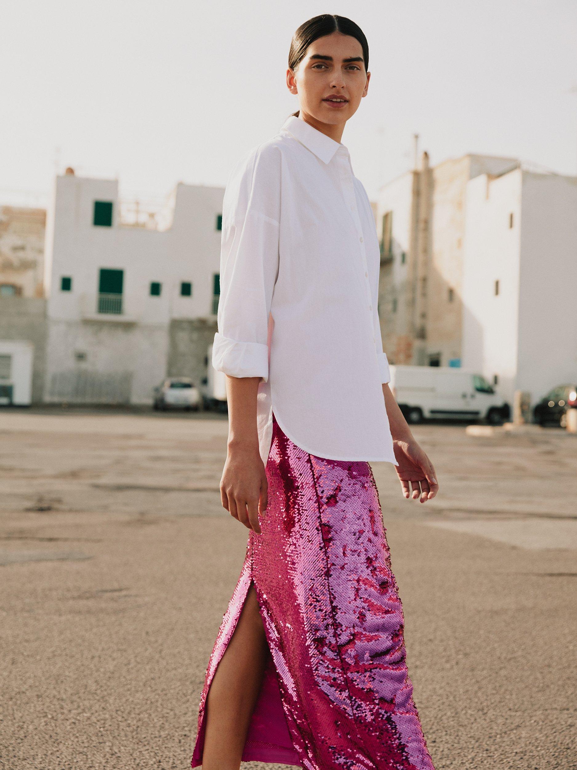 SELECTED FEMME Omina Sequin Midi Skirt Phlox Pink