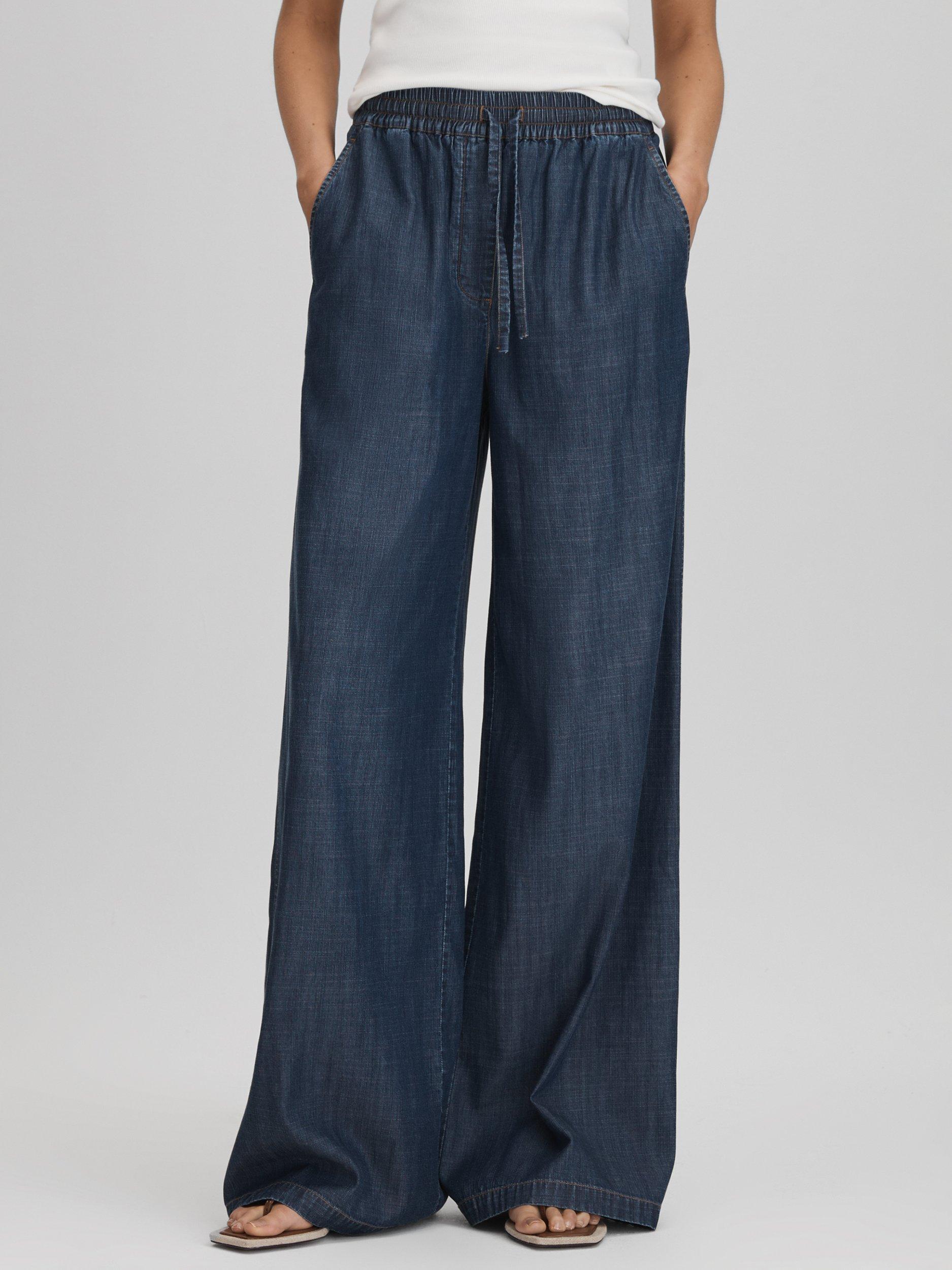 Reiss Carter Denim Look Wide Leg Trousers, Mid Blue