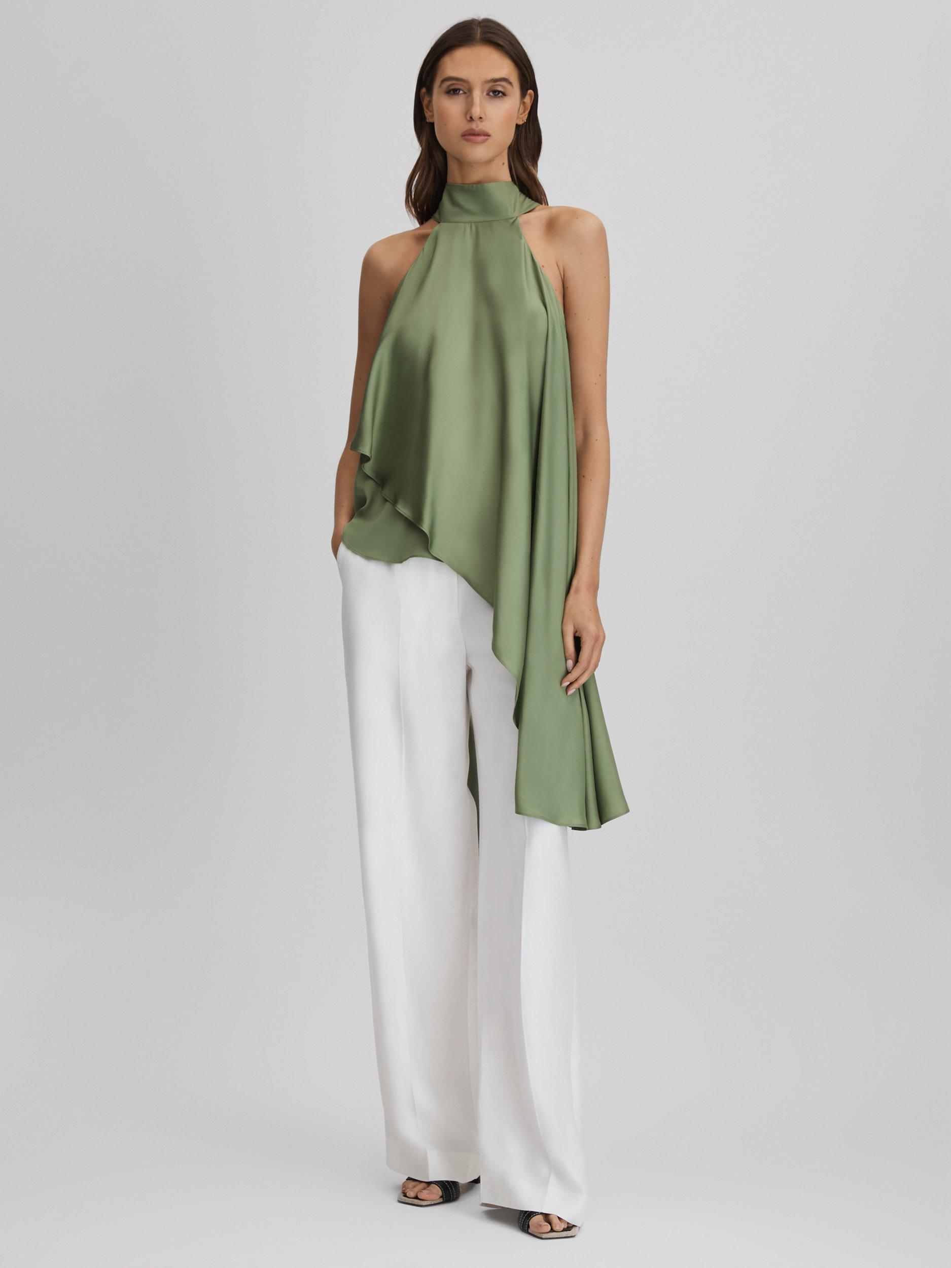 Reiss Elsie Layered Asymmetric Hem High Neck Top, Green