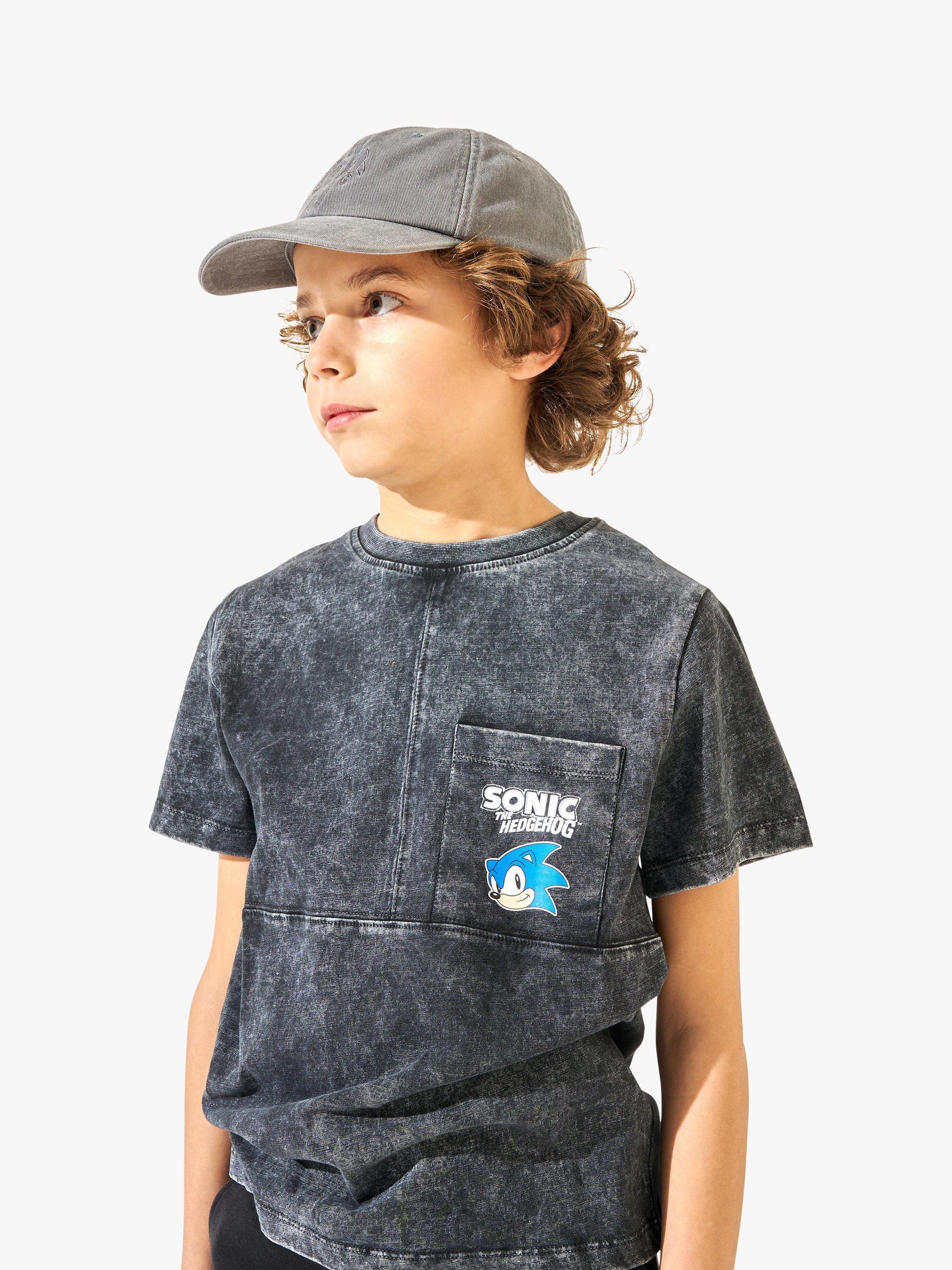 Product image 2 of 5, which shows Angel & Rocket Kids' Sonic Black Seam Detail Print T-Shirt, Black, 5-6 years