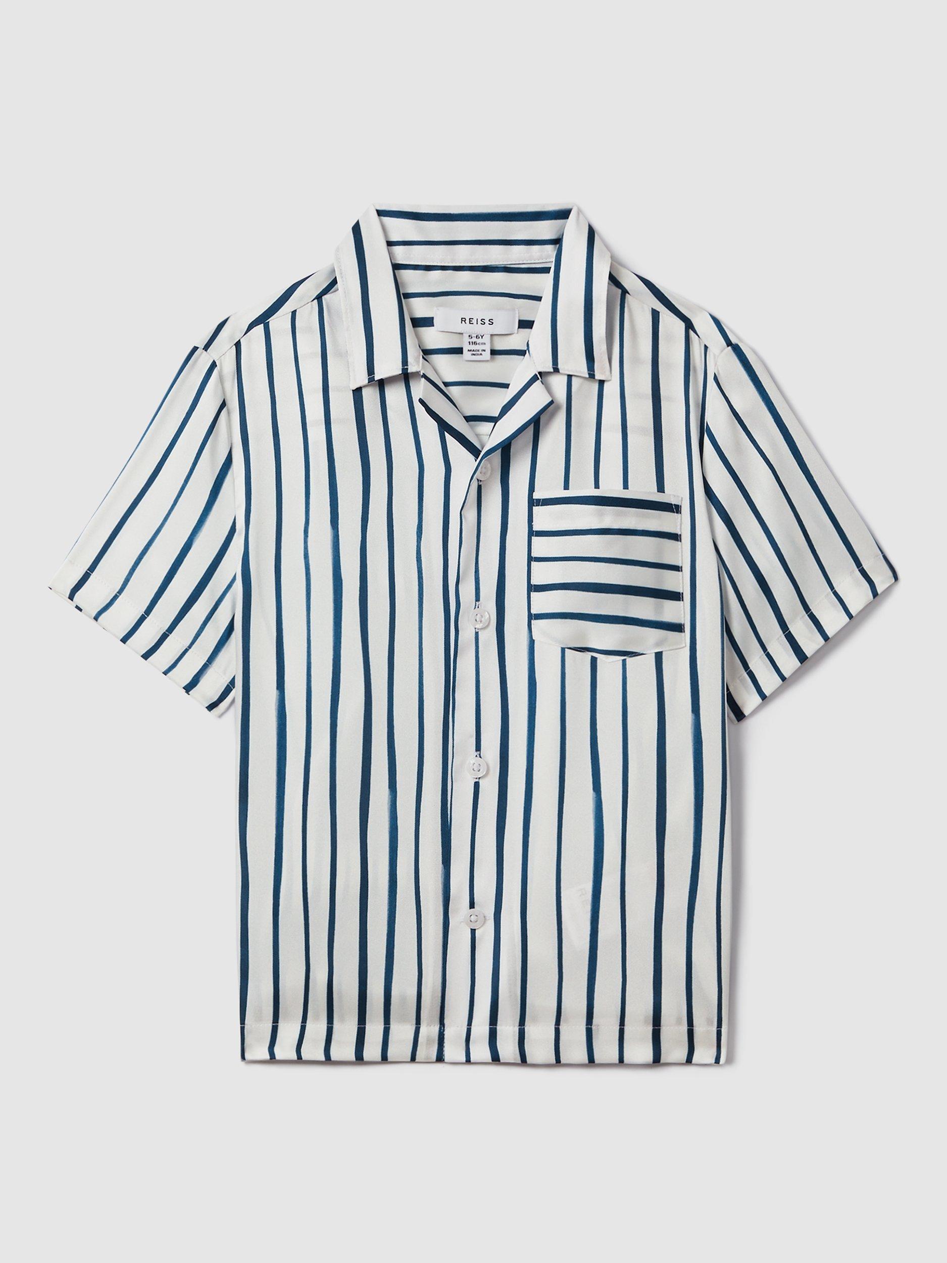 Reiss Kids' Rava Cuban Stripe Short Sleeve Shirt, White/Blue