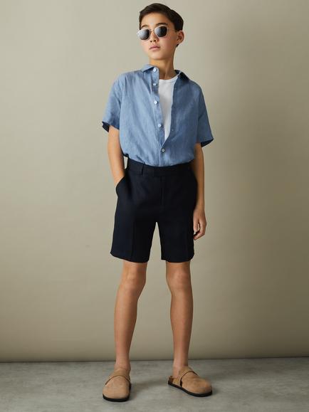 Reiss Kids' Holiday Short Sleeve Linen Shirt, Sky Blue, Sky Blue