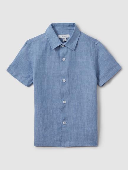 Reiss Kids' Holiday Short Sleeve Linen Shirt, Sky Blue - view 2, Sky Blue