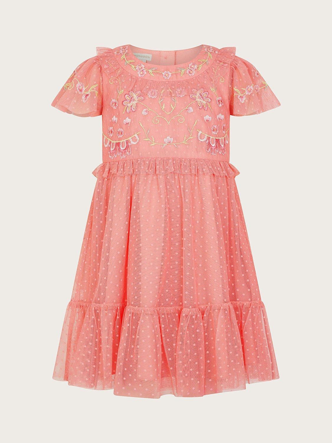 Monsoon Baby Josephine Floral Embroidered Spot Tulle Occasion Dress, Coral