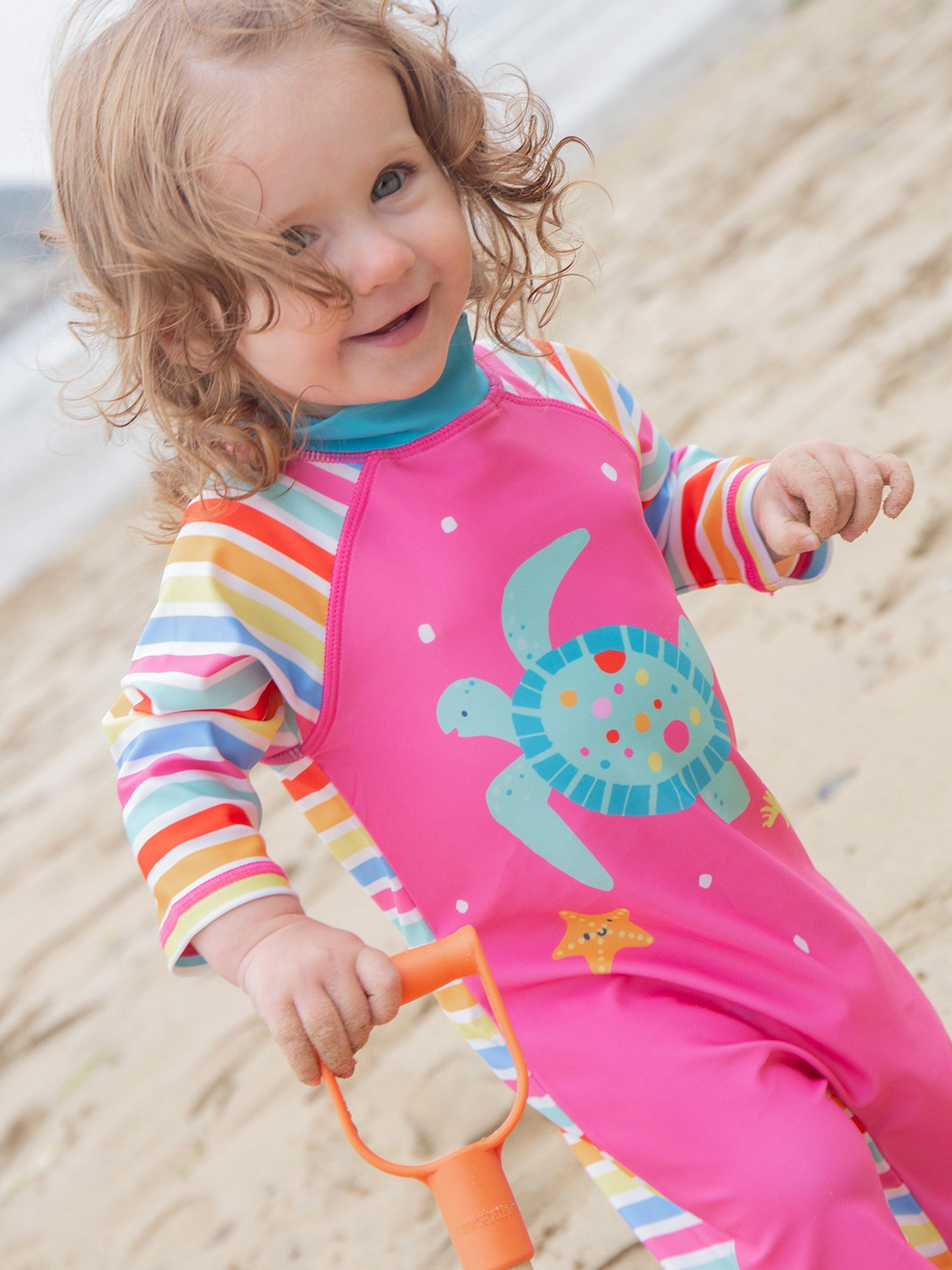 Frugi Baby Turtle Little Sun Safe Suit Seaside Stripe Pink