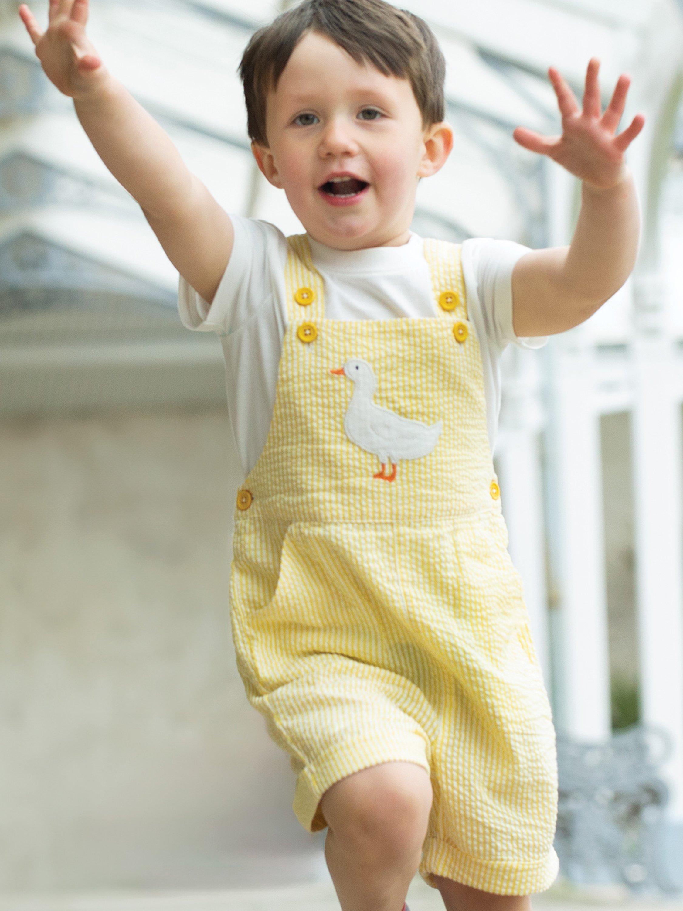 Frugi Baby Godrevy Organic Cotton Duck Applique Dungaree Outfit, Dandelion/White
