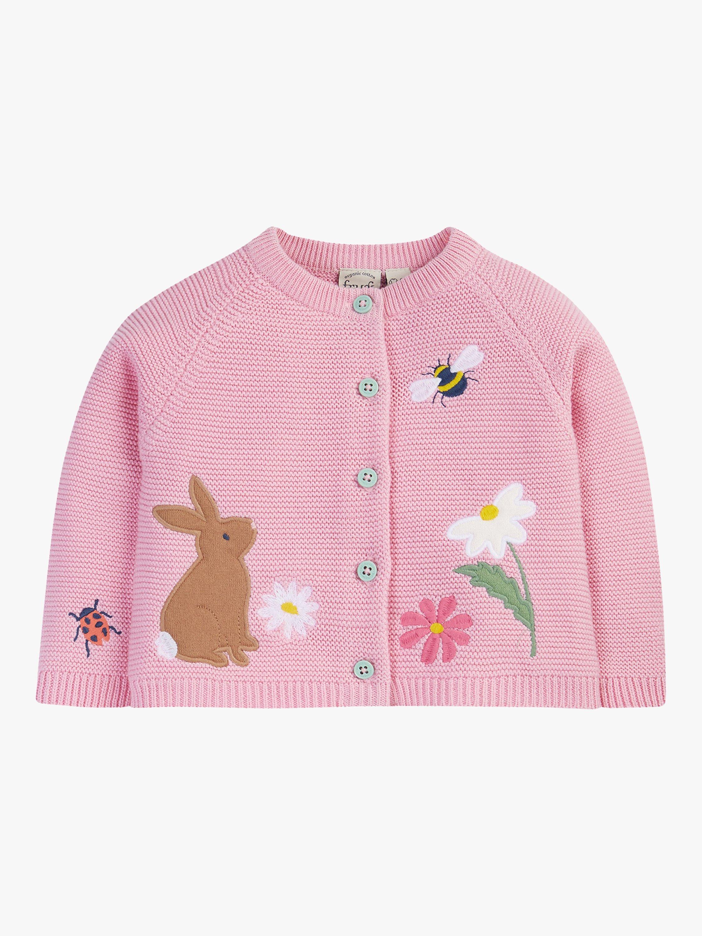 Frugi Baby Colby Organic Cotton Rabbit Applique Cardigan, Pink