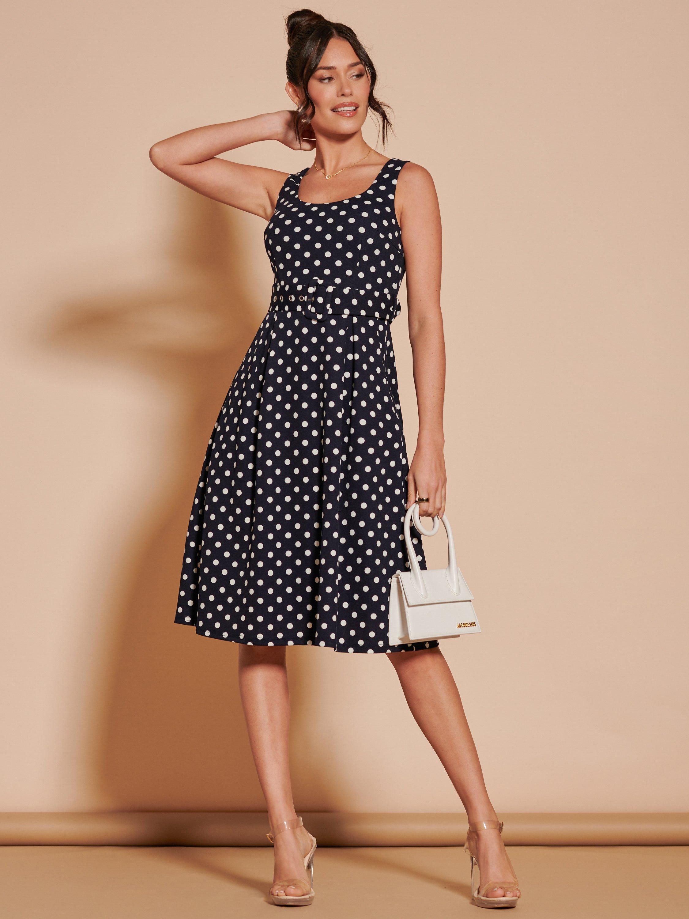 Jolie Moi Polka Dot Swing Belted Midi Dress Navy