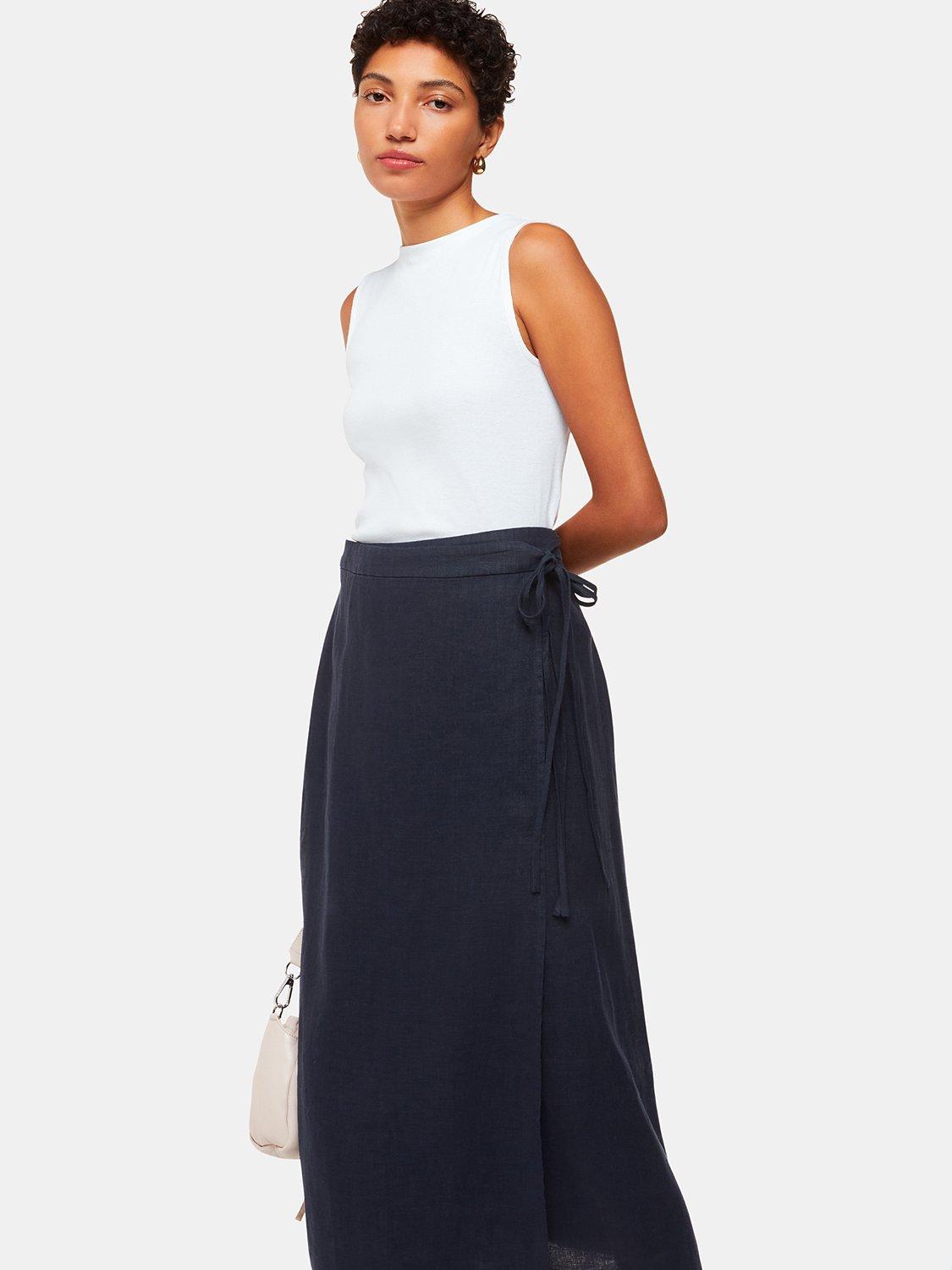 Whistles Linen Wrap Midi Skirt Navy