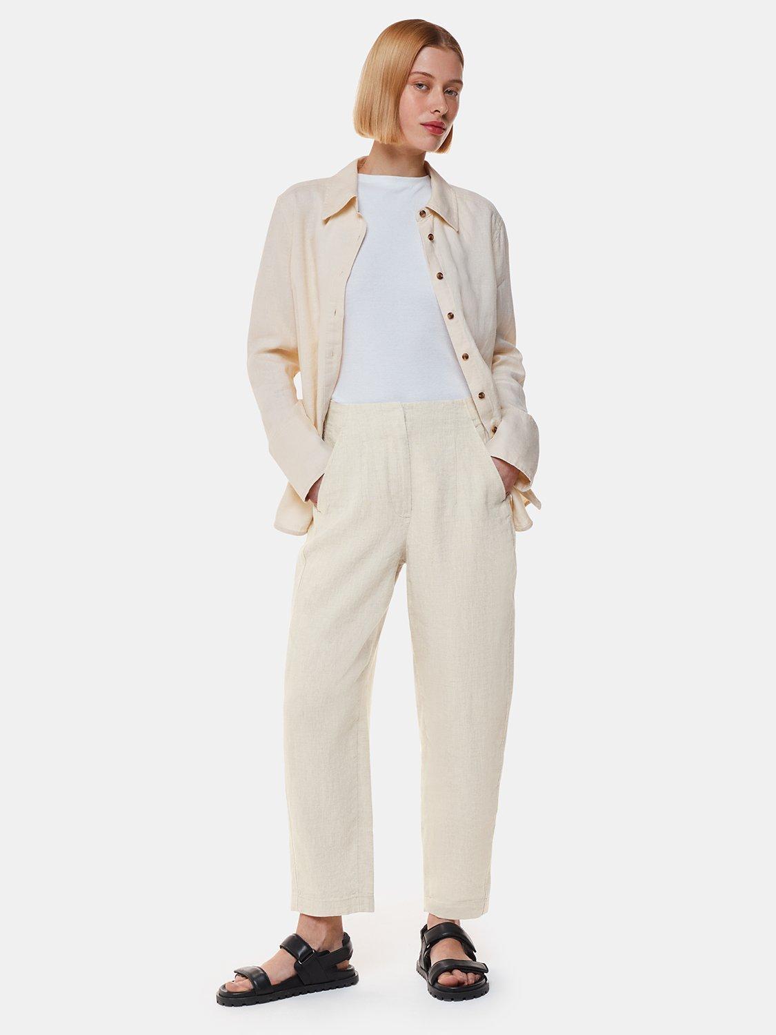 Product image 1 of 5, which shows Whistles Linen Barrel Leg Trousers, Oatmeal, 6