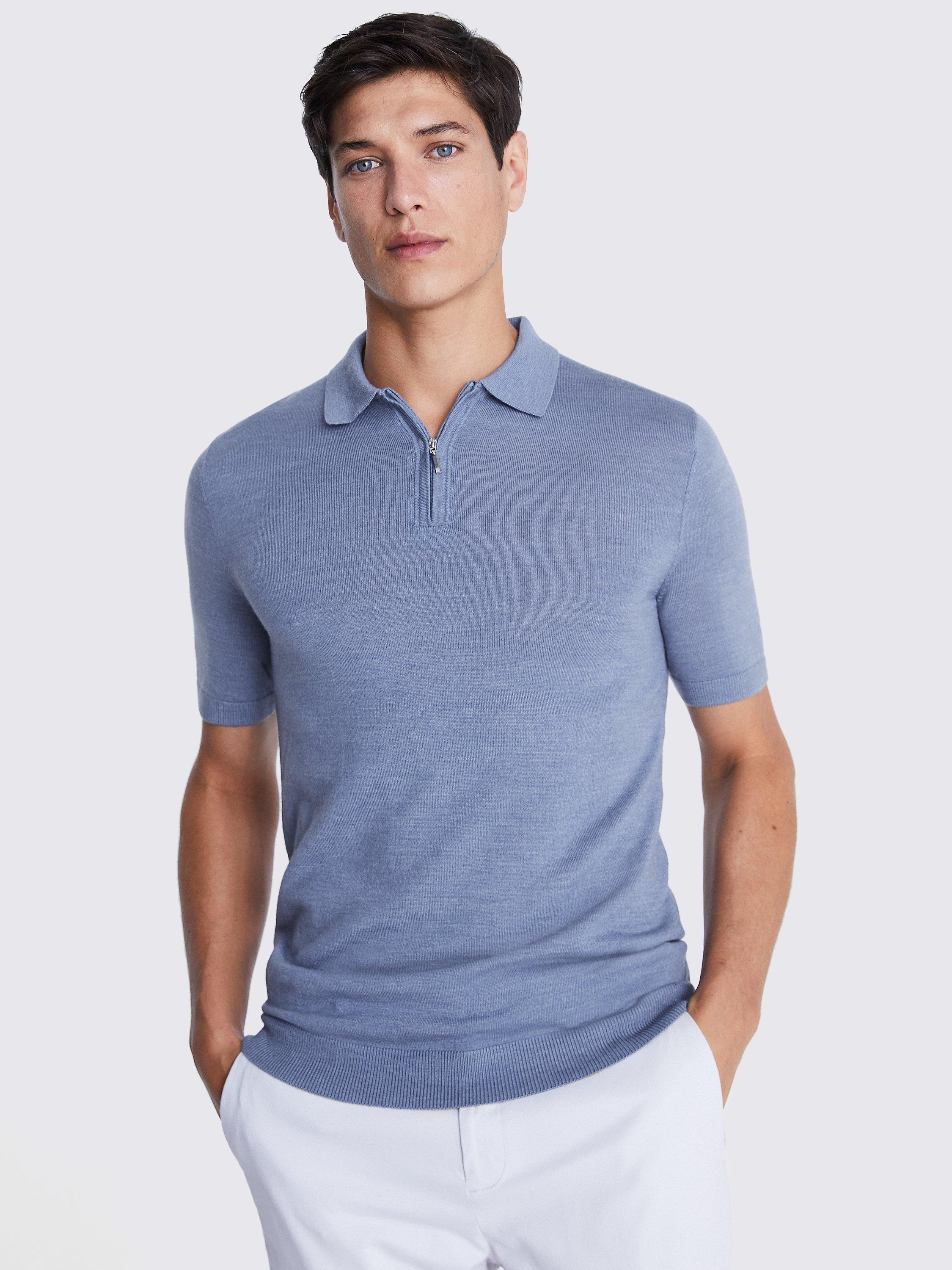 Moss Merino Blend Quarter Zip Polo Shirt, Blue