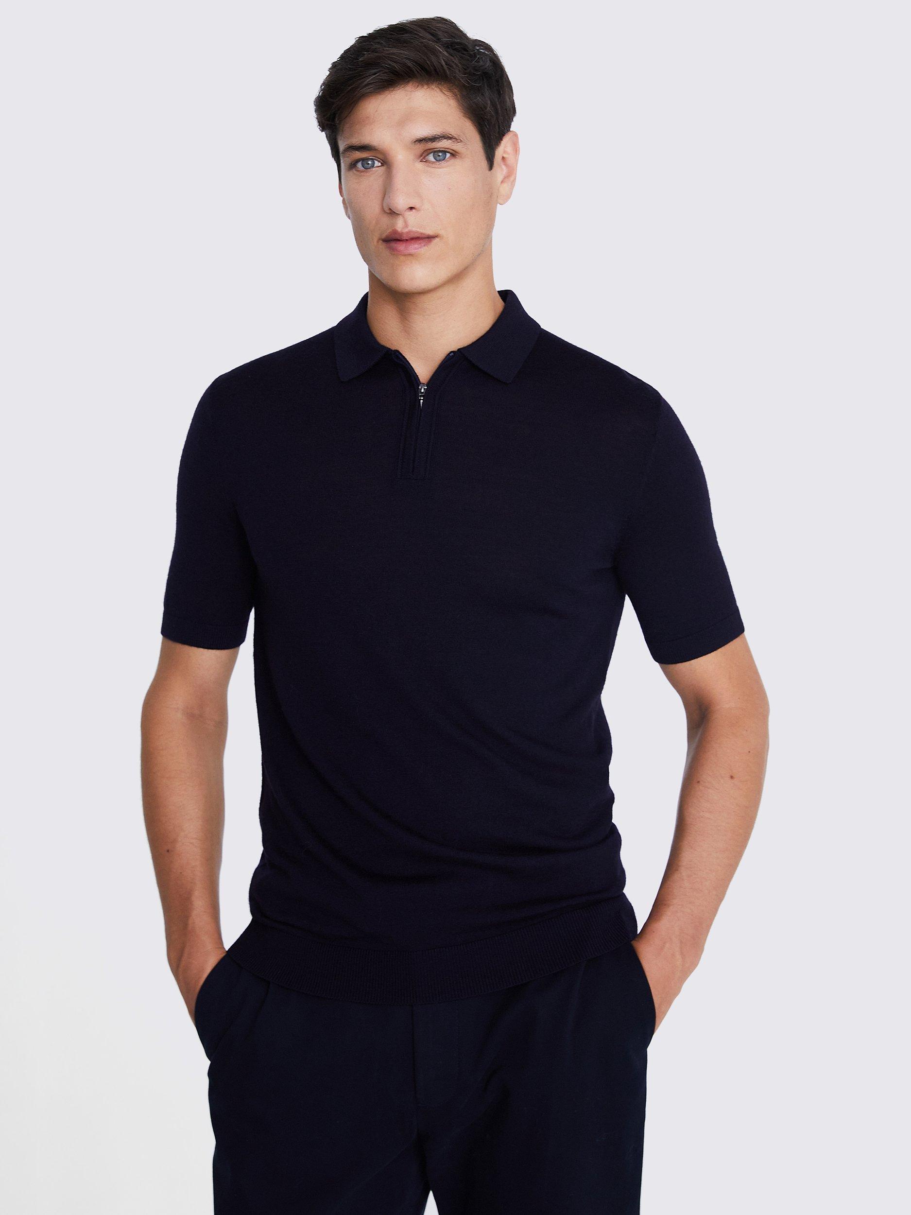 Moss Merino Blend Quarter Zip Polo Shirt, Navy