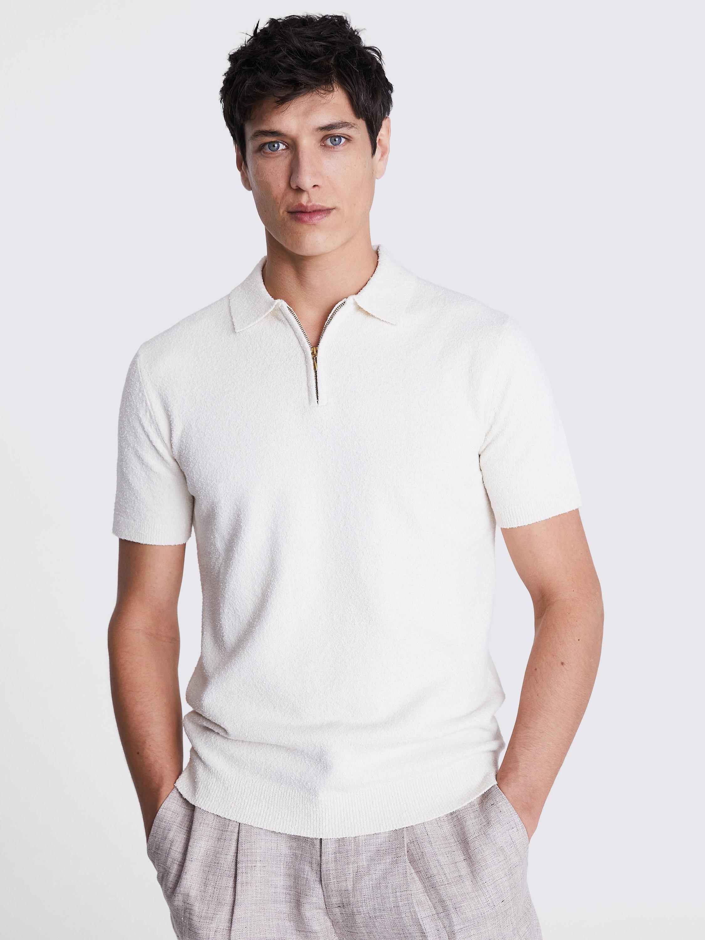 Moss Boucle Zip Neck Polo Shirt, Beige