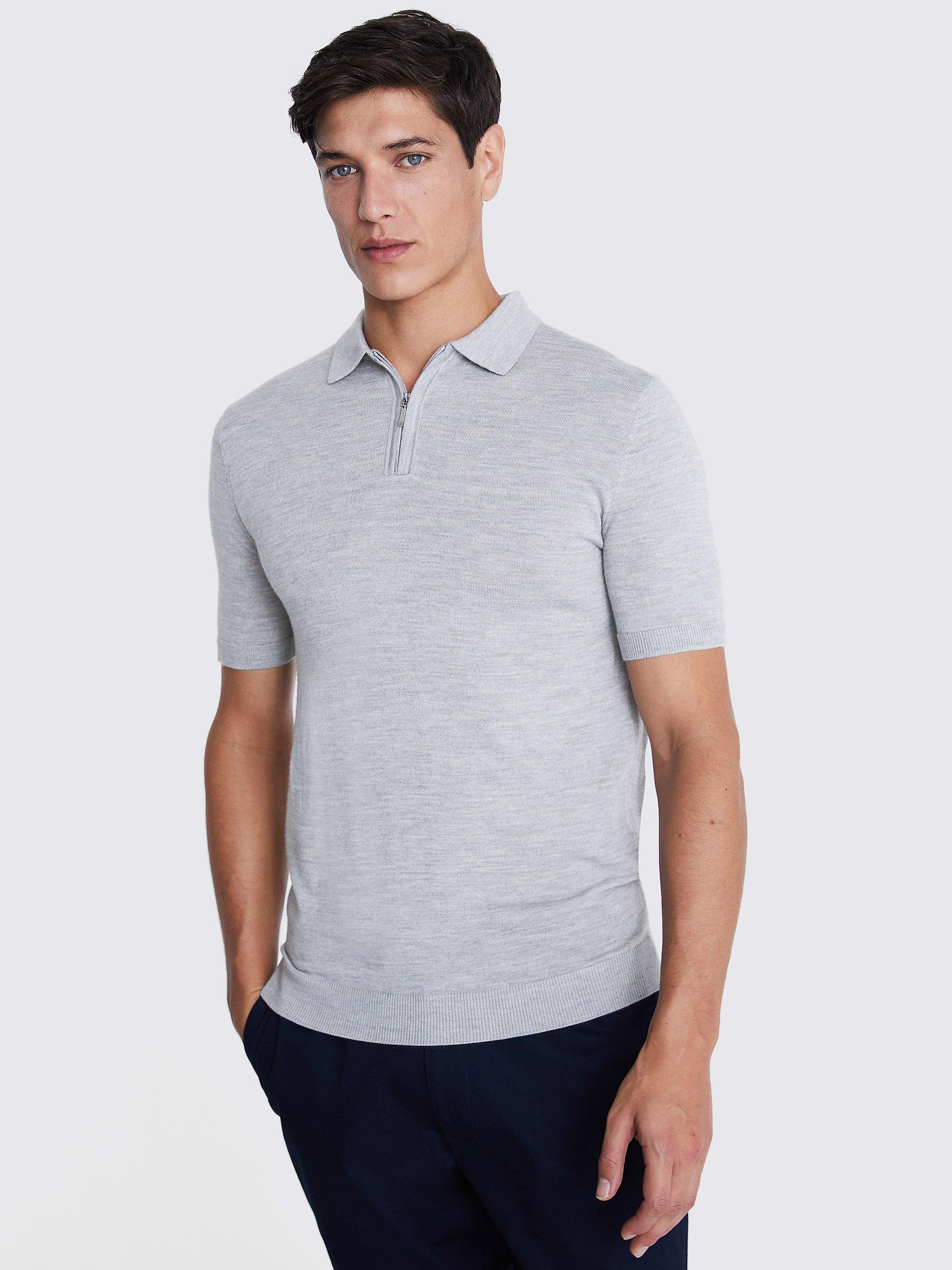 Moss Merino Blend Quarter Zip Polo Shirt, Grey