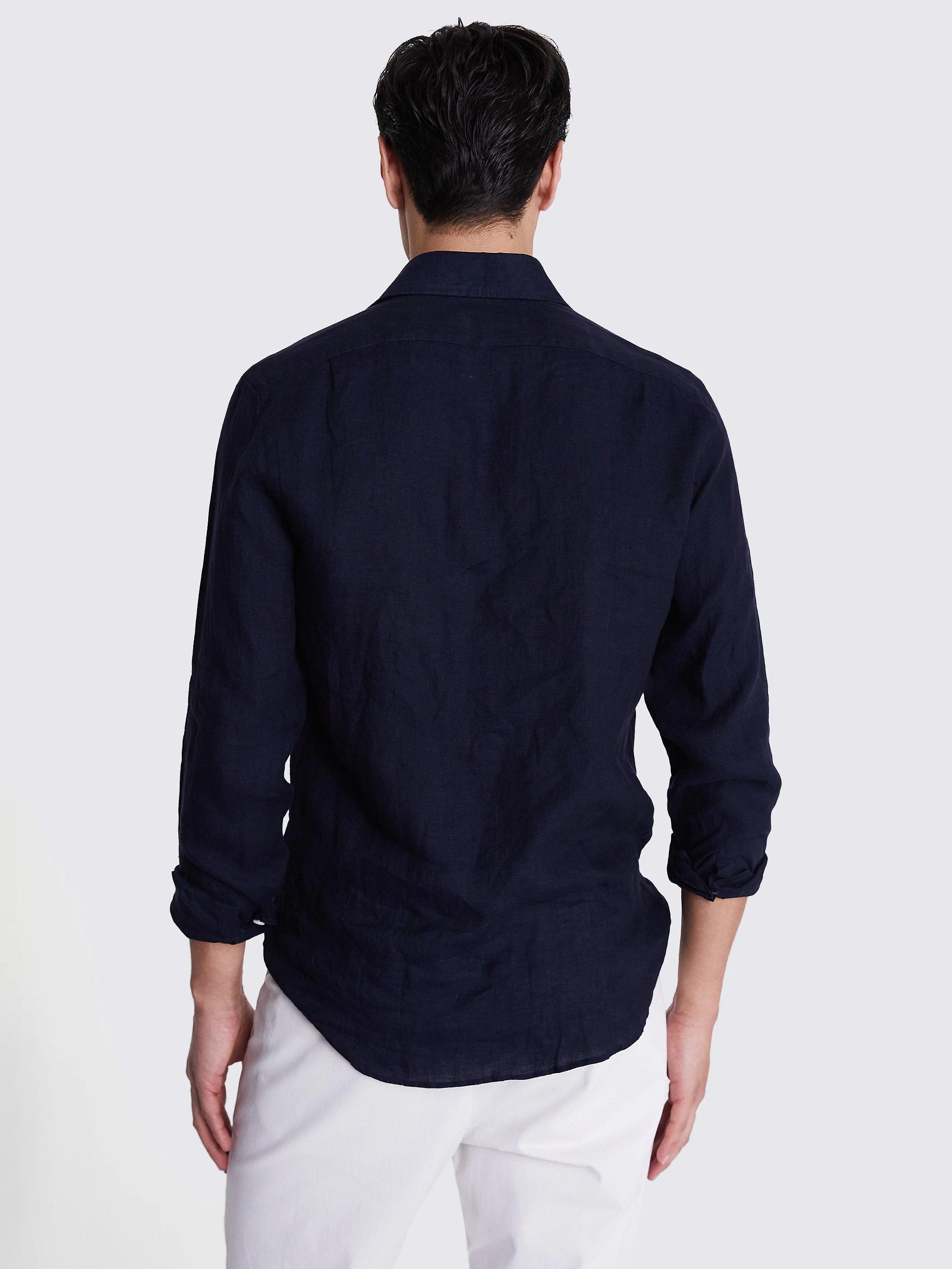Product image 3 of 6, which shows Moss Tailored Fit Linen Long Sleeve Shirt, Navy, S