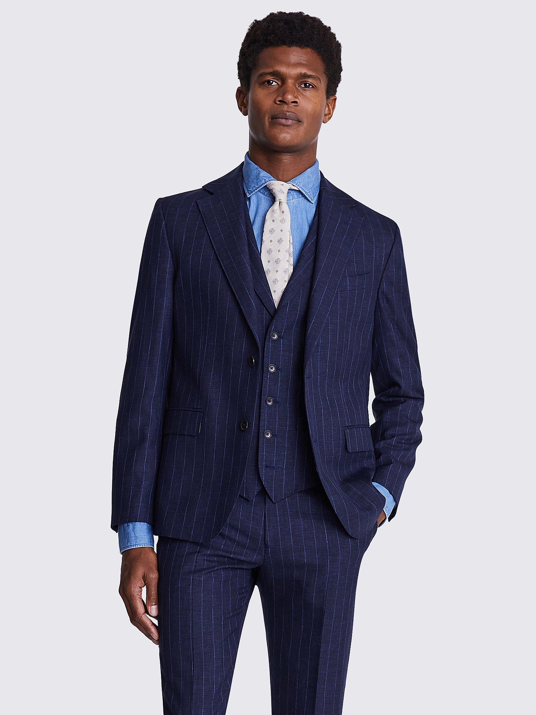 Moss x Barberis Italian Tailored Fit Pinstripe Wool Suit Jacket, Navy
