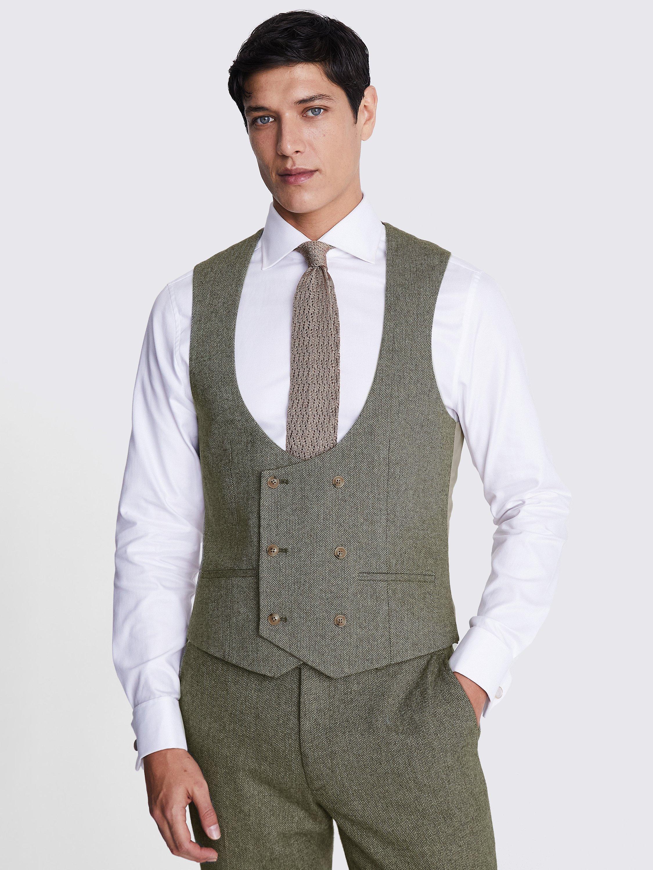Product image 1 of 3, which shows Moss Slim Fit Herringbone Tweed Waistcoat, Sage, 46R