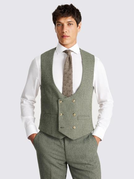 Moss Slim Fit Herringbone Tweed Suit Waistcoat, Sage, Sage