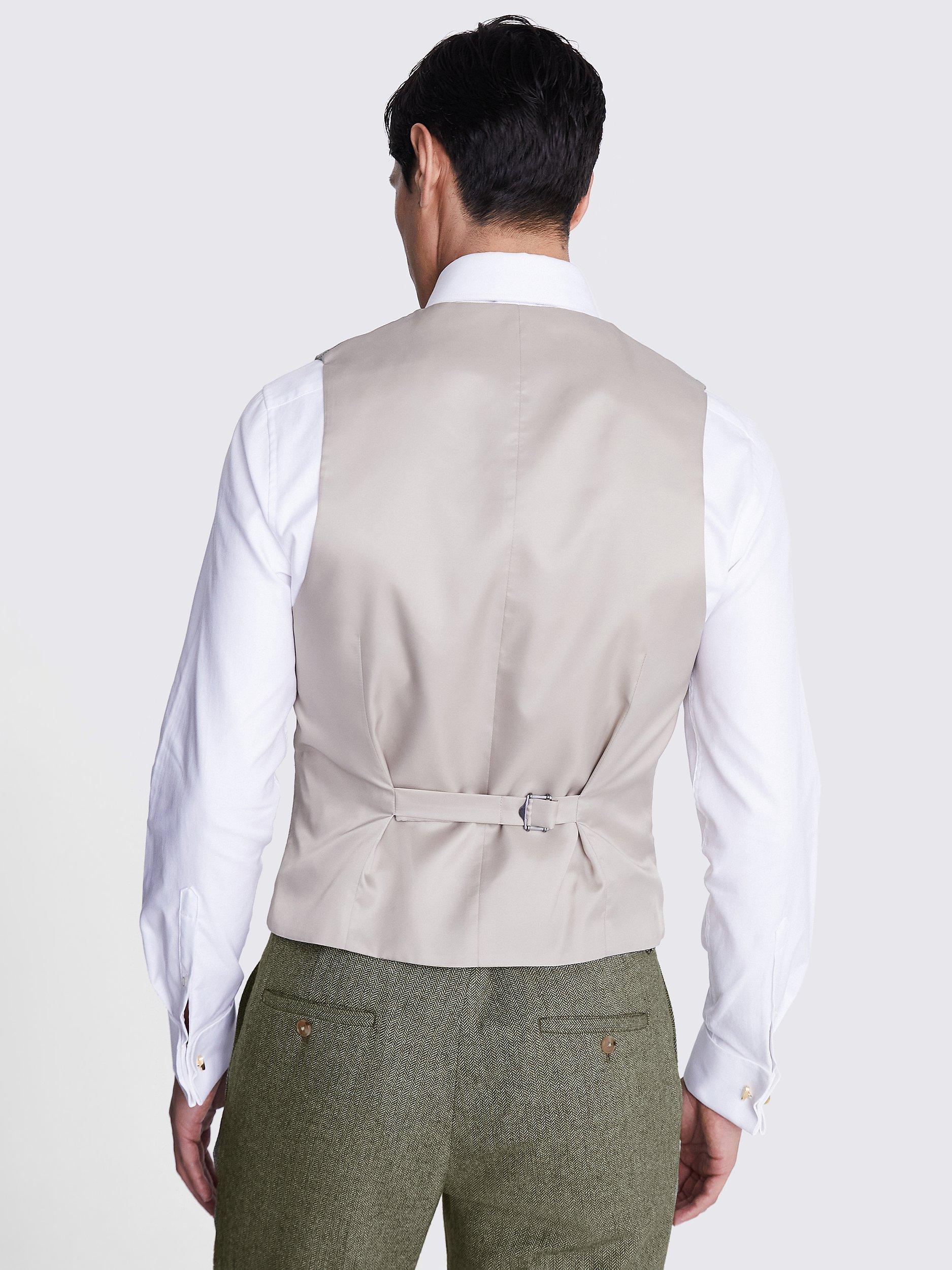 Product image 2 of 3, which shows Moss Slim Fit Herringbone Tweed Waistcoat, Sage, 46R
