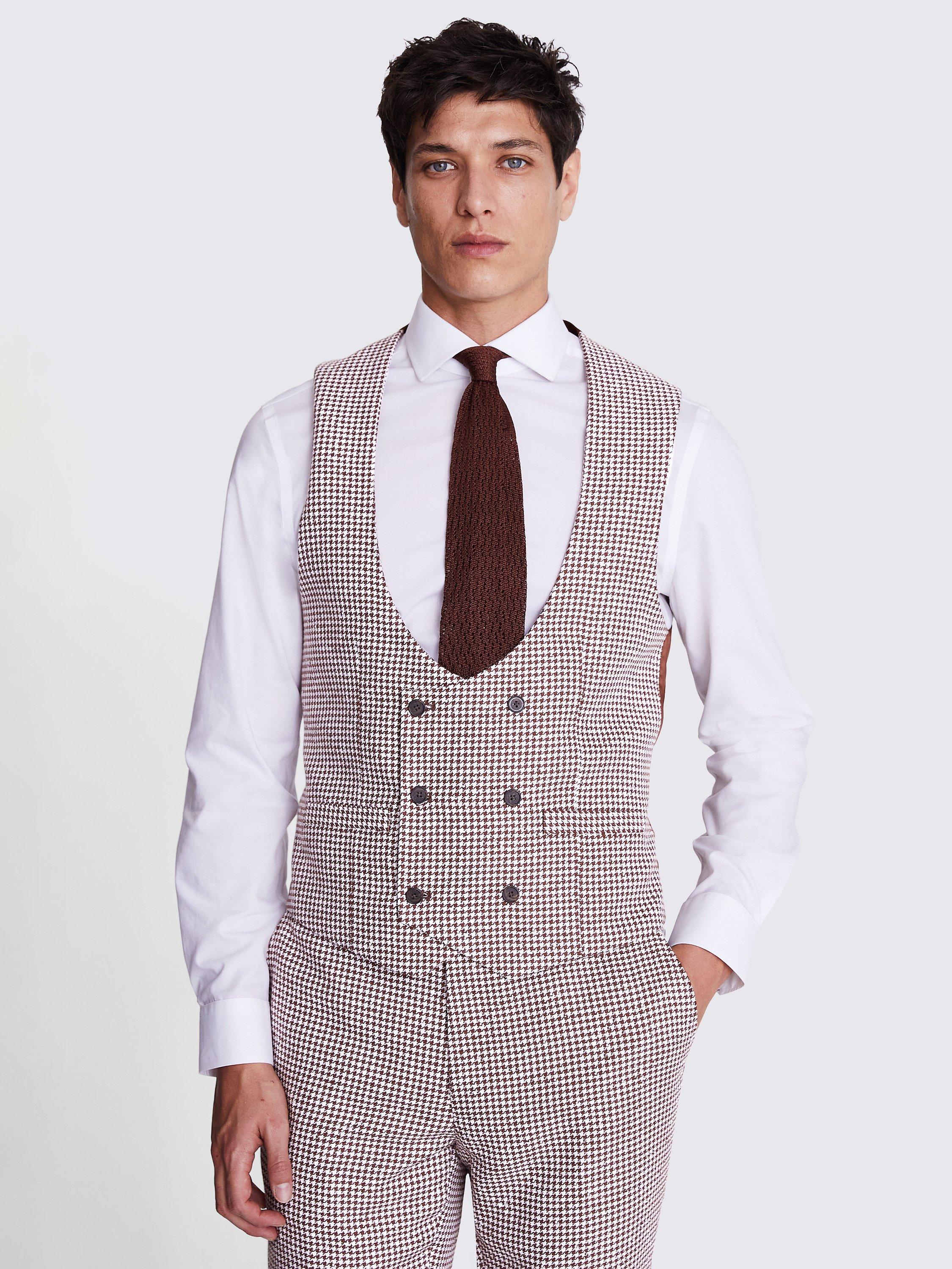 Moss Slim Fit Houndstooth Waistcoat, Copper/White