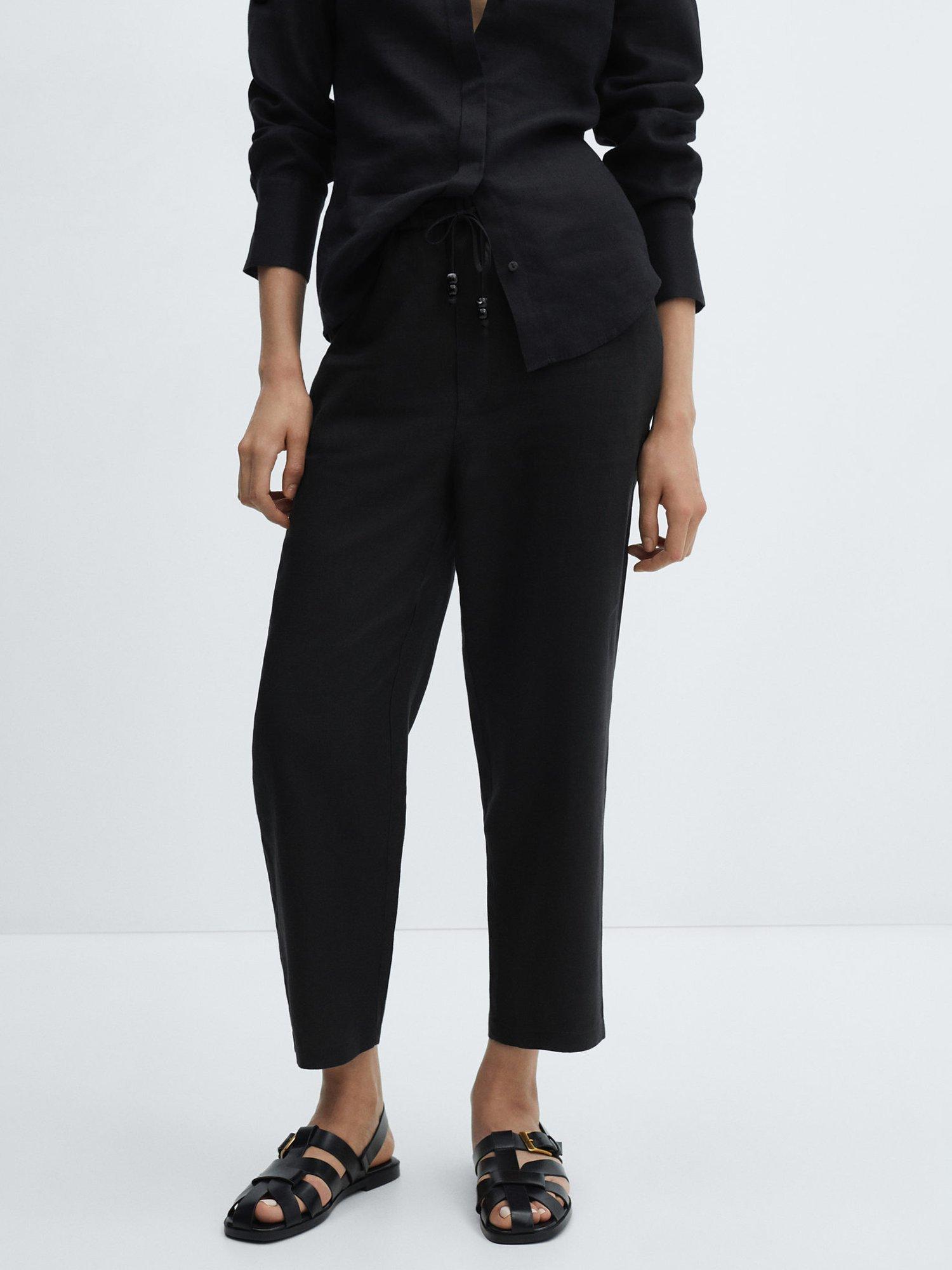 Mango Linen Cropped Trousers, Black