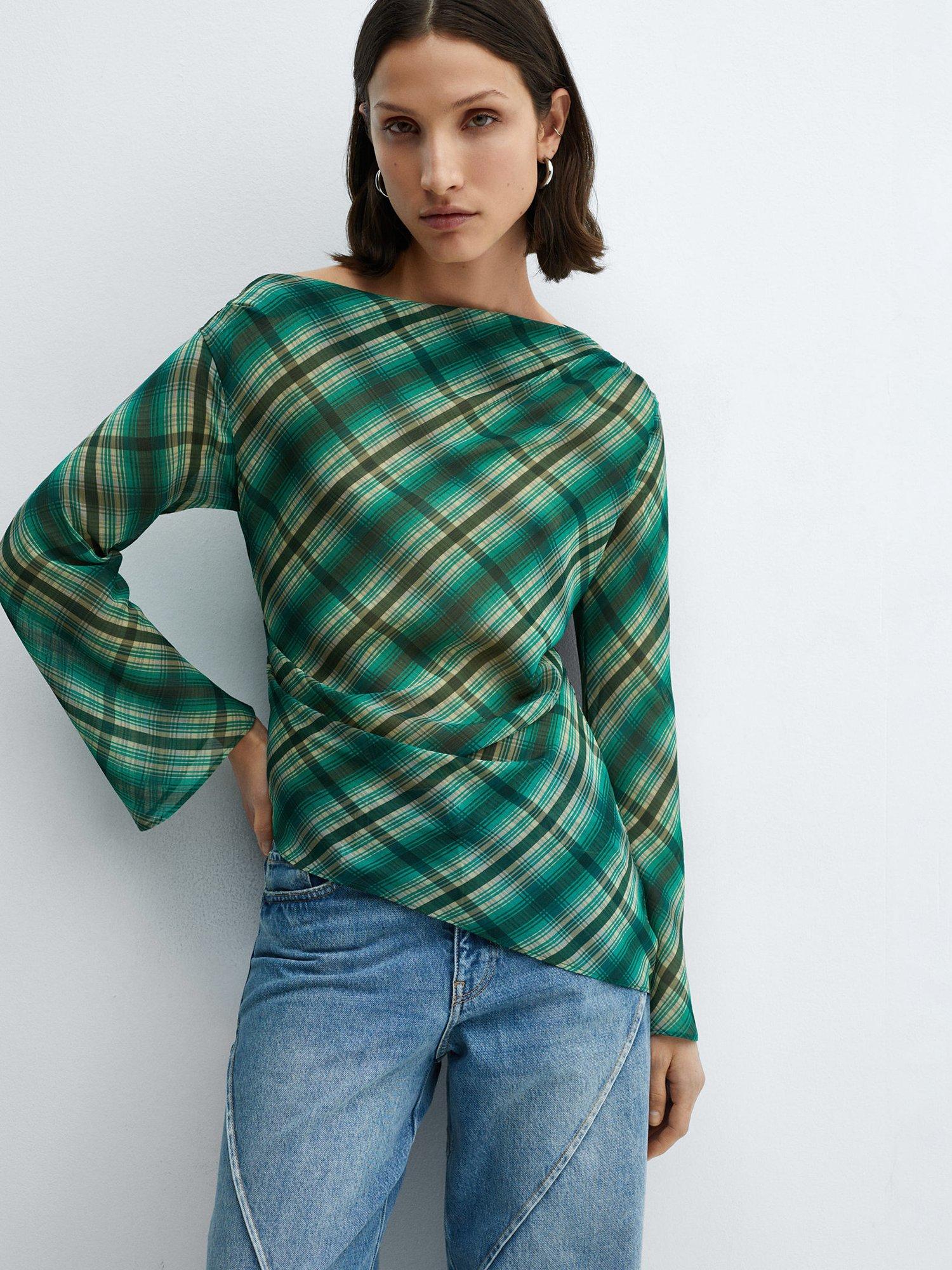 Mango Asymmetric Checked Blouse, Green