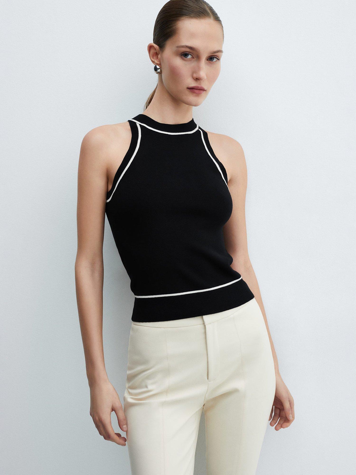 Mango Piping Contrast Trim Top, Black