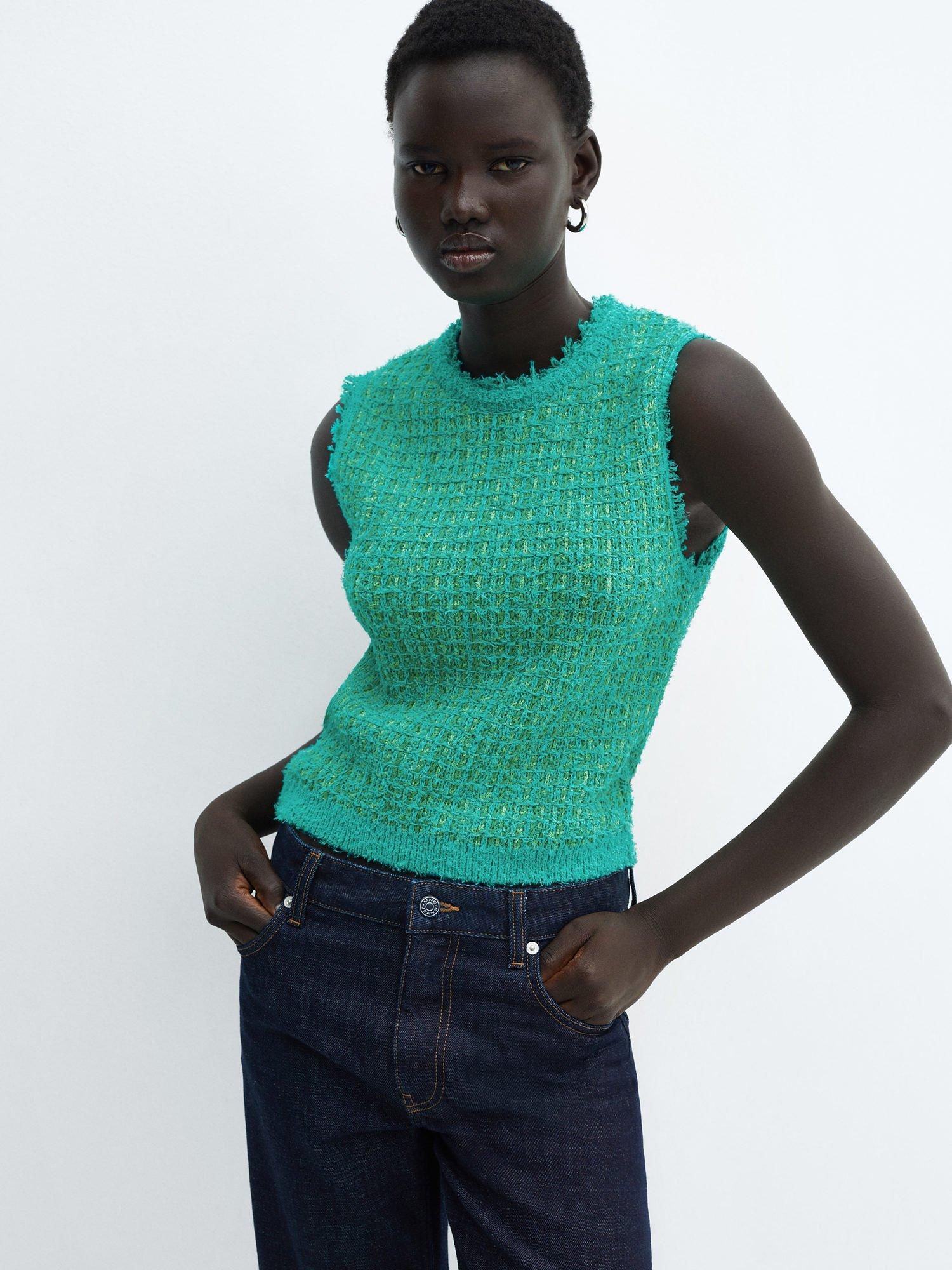 Mango Tweed Frayed Edge Top, Green
