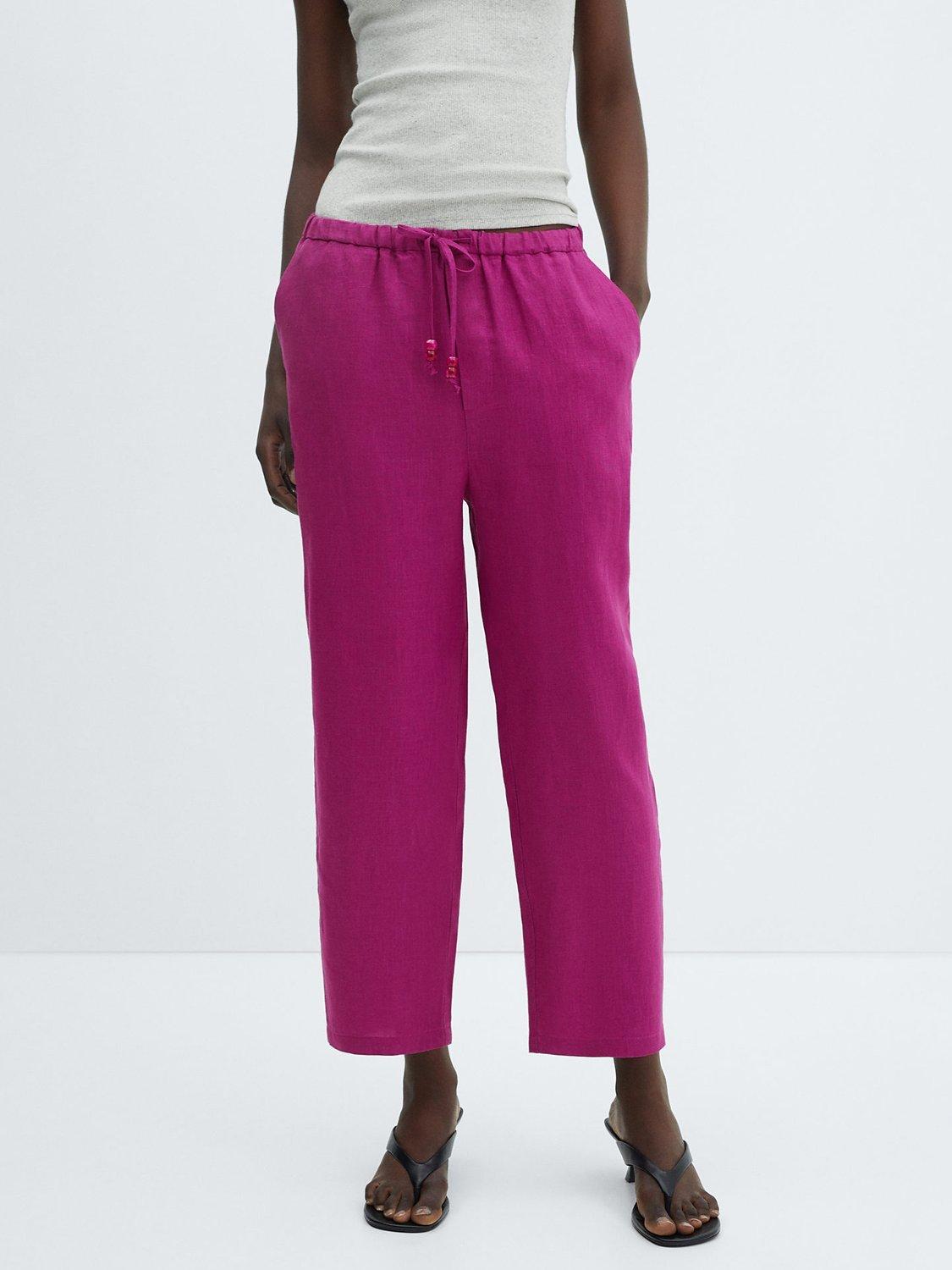 Mango Linen Cropped Trousers, Bright Pink