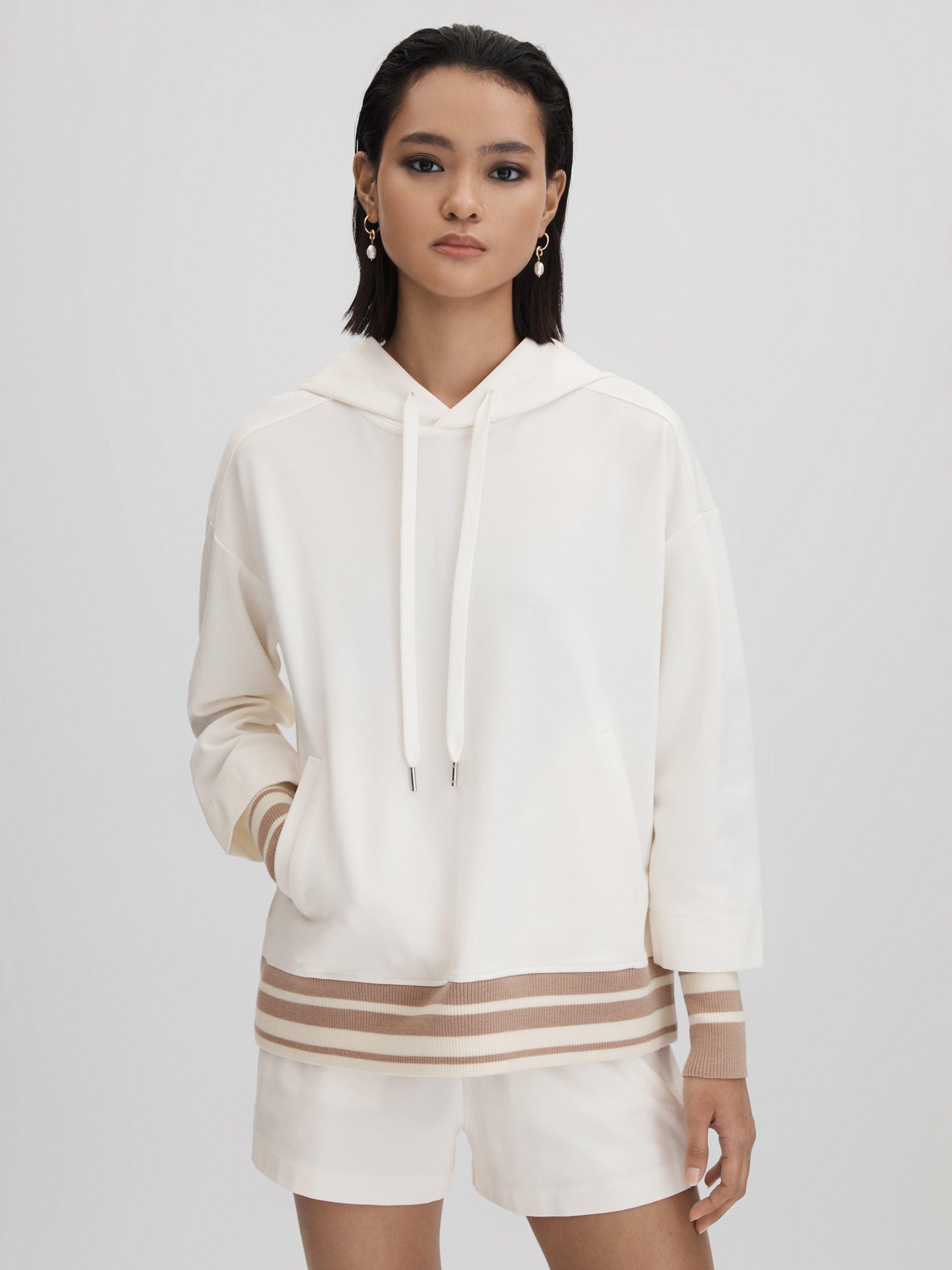 Reiss Lexi Stripe Hem Hoodie, Mink/Ivory