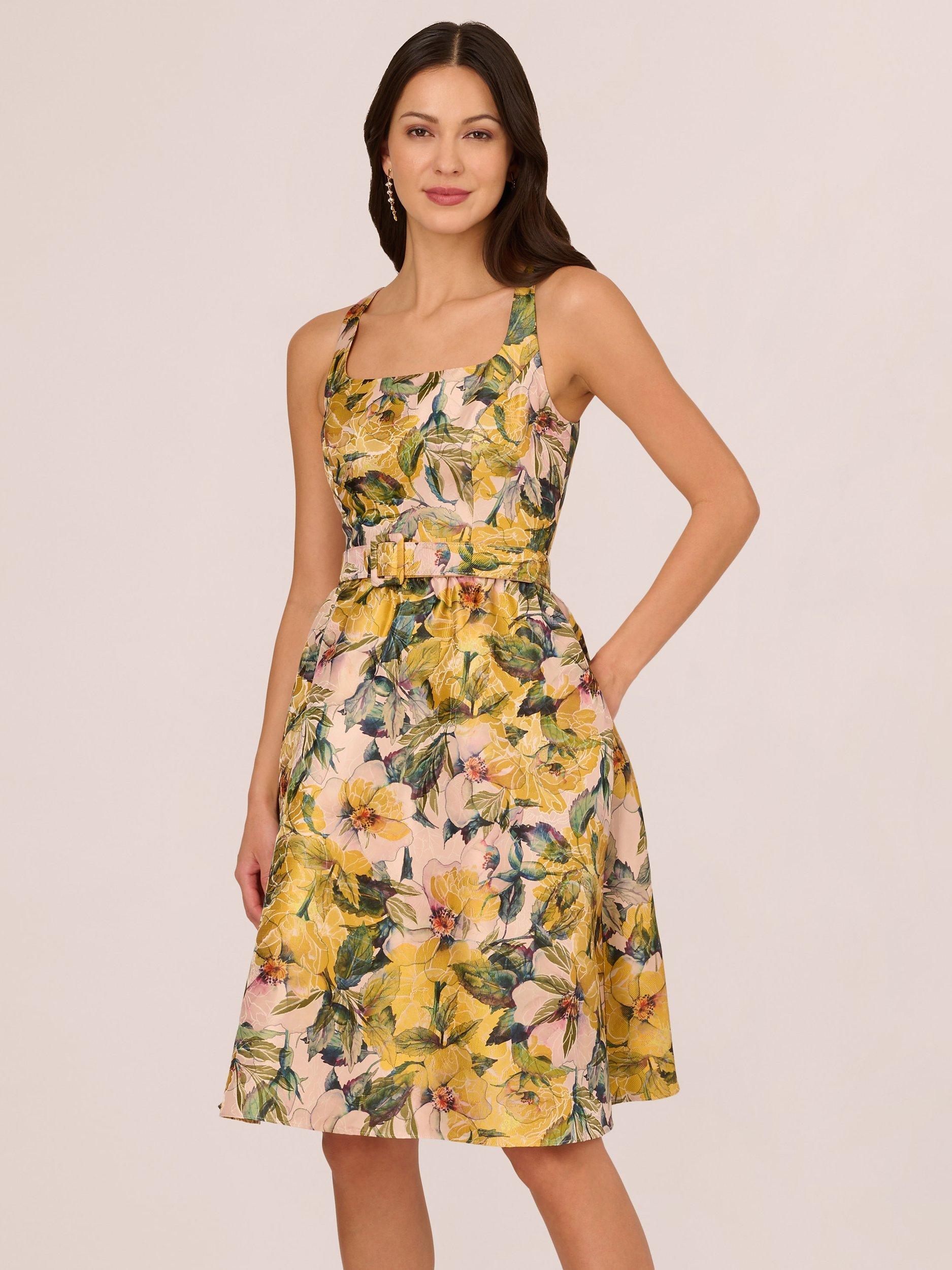 Adrianna Papell Jacquard Floral Flared Dress Yellow Multi