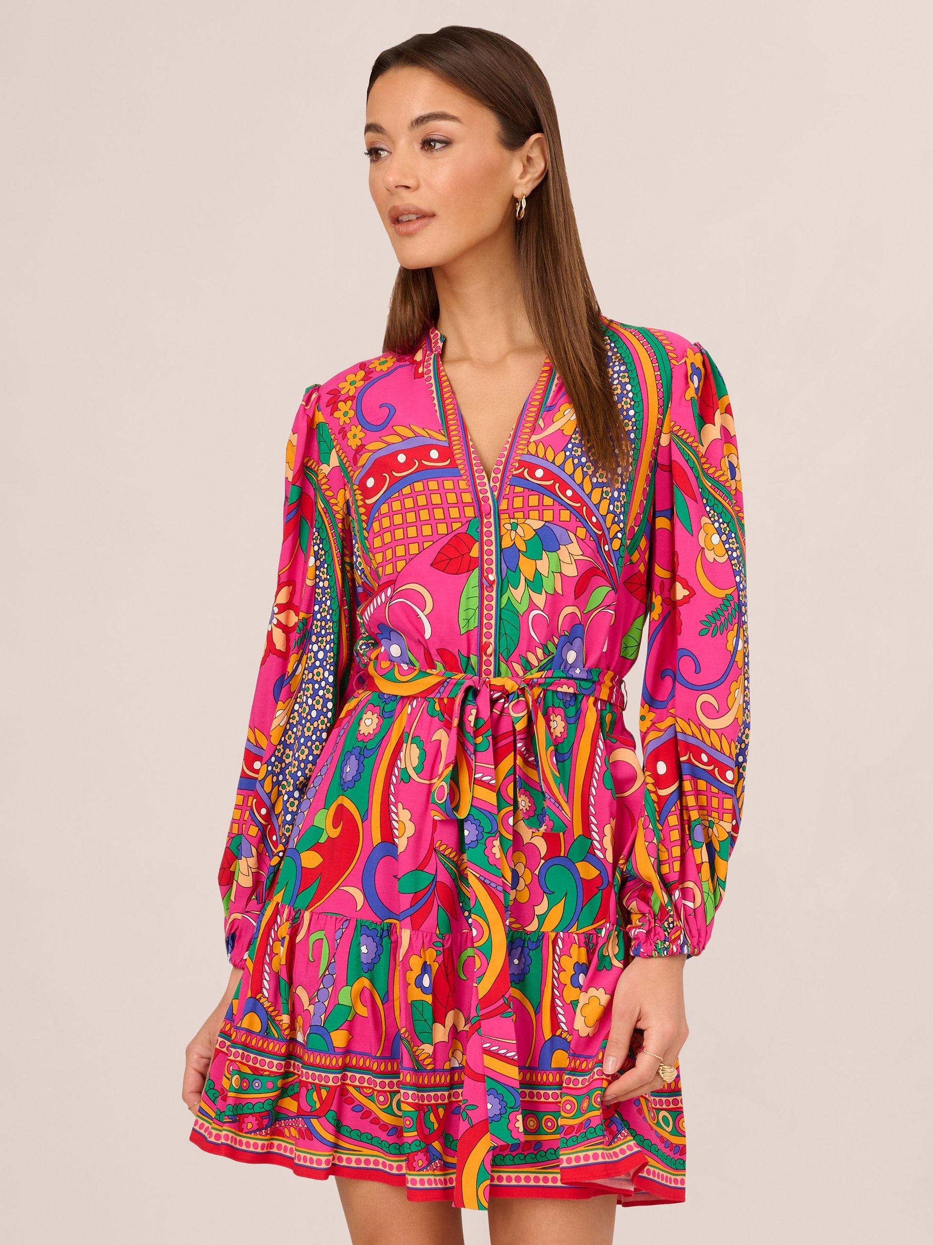 Product image 1 of 8, which shows Adrianna by Adrianna Papell Retro Abstract Print Mini Dress, Pink/Multi, 8
