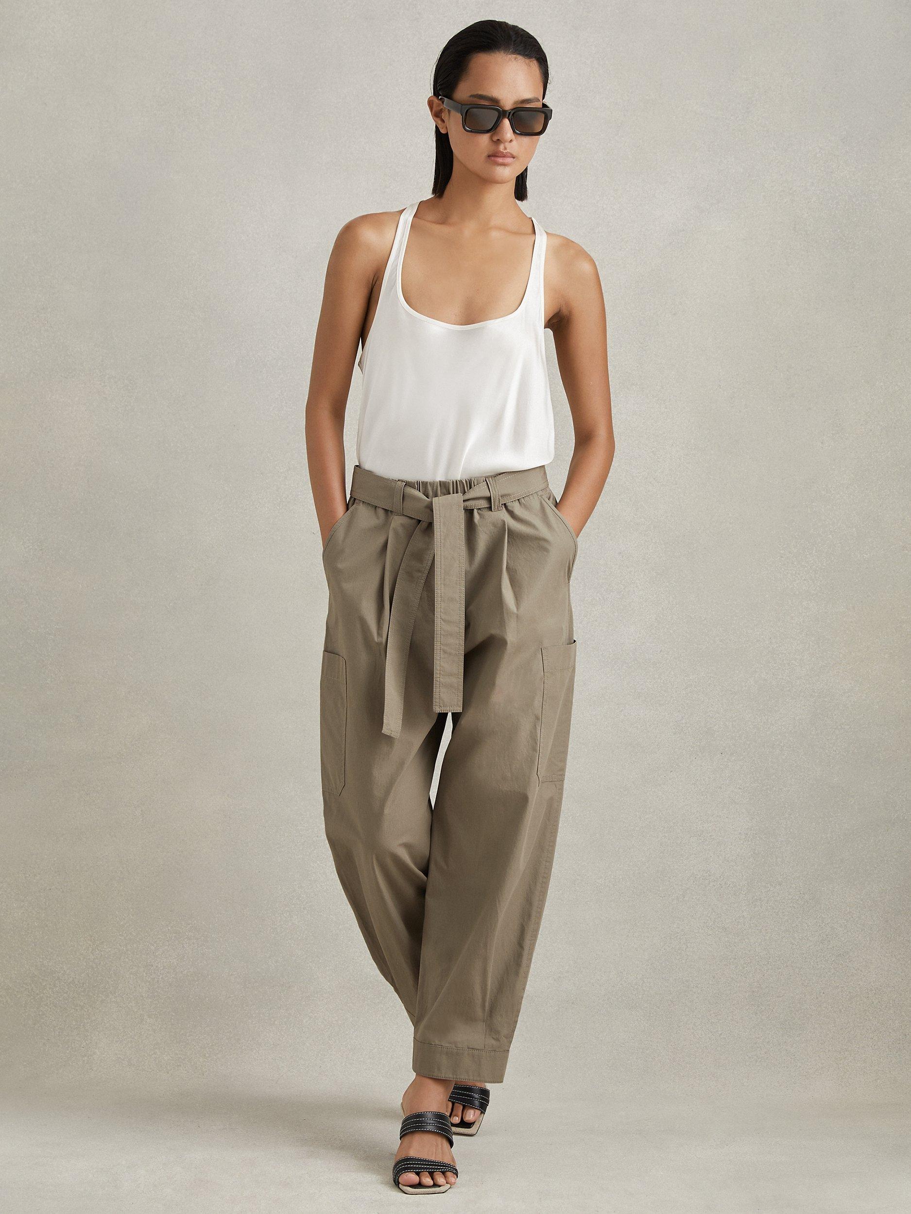 Reiss Delia Tapered Parachute Cargo Trousers, Khaki