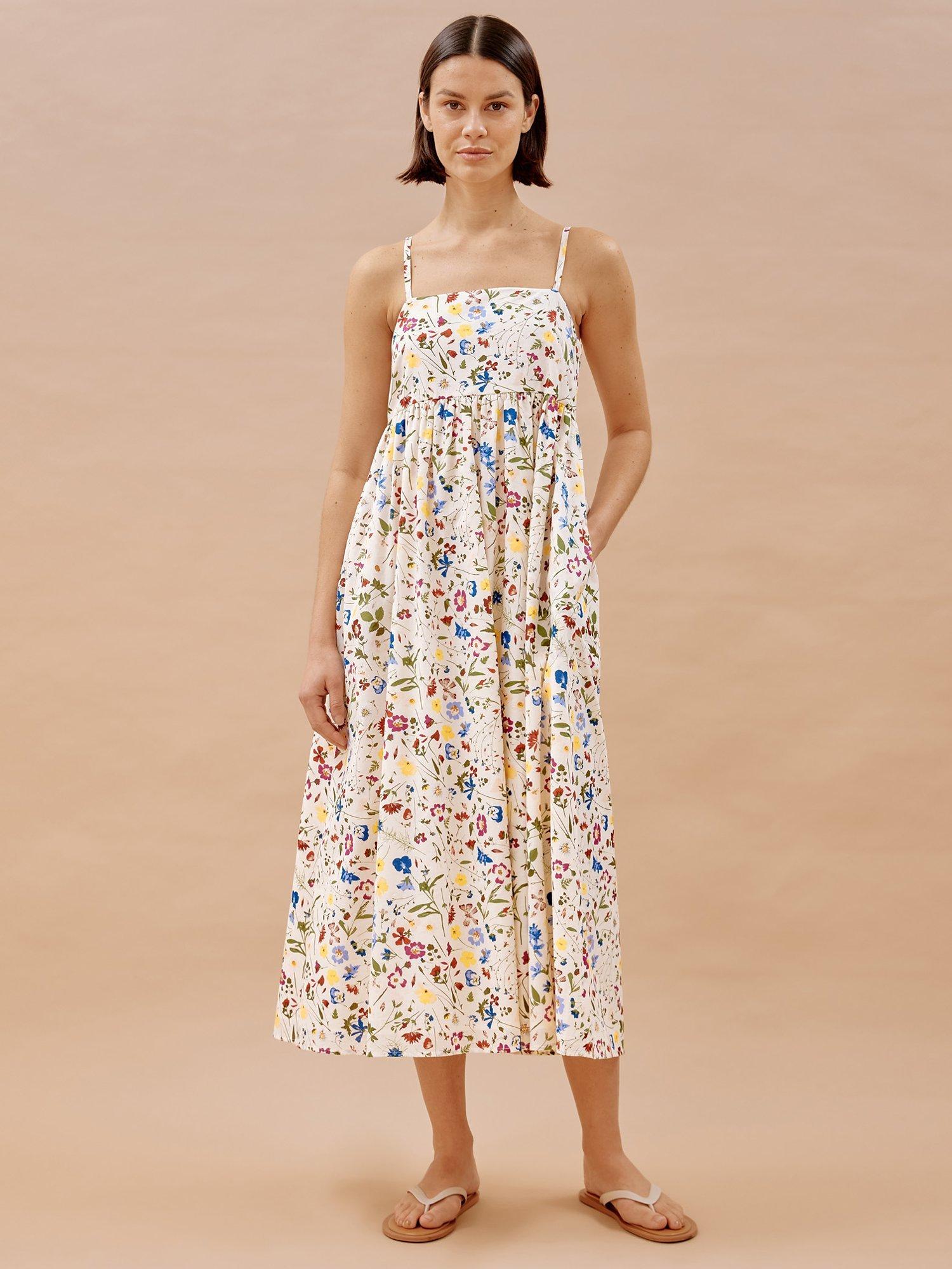 Albaray Buttercup Pressed Floral Print Midi Sundress, Cream/Multi