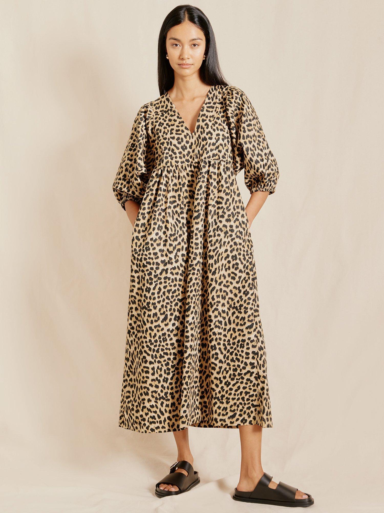 Product image 1 of 4, which shows Albaray Animal Print V-Neck Organic Cotton Dress, Brown, 12
