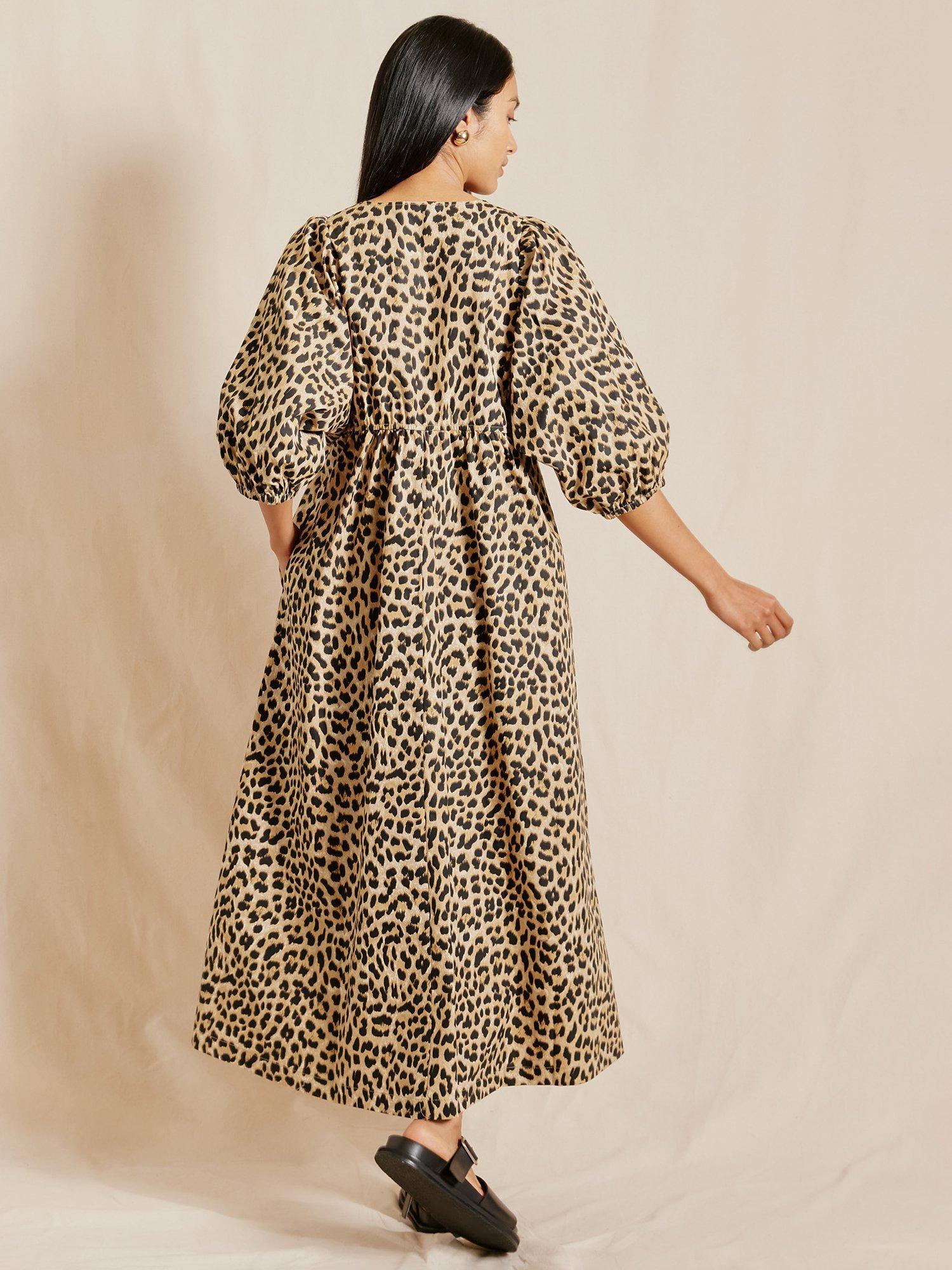 Product image 2 of 4, which shows Albaray Animal Print V-Neck Organic Cotton Dress, Brown, 12